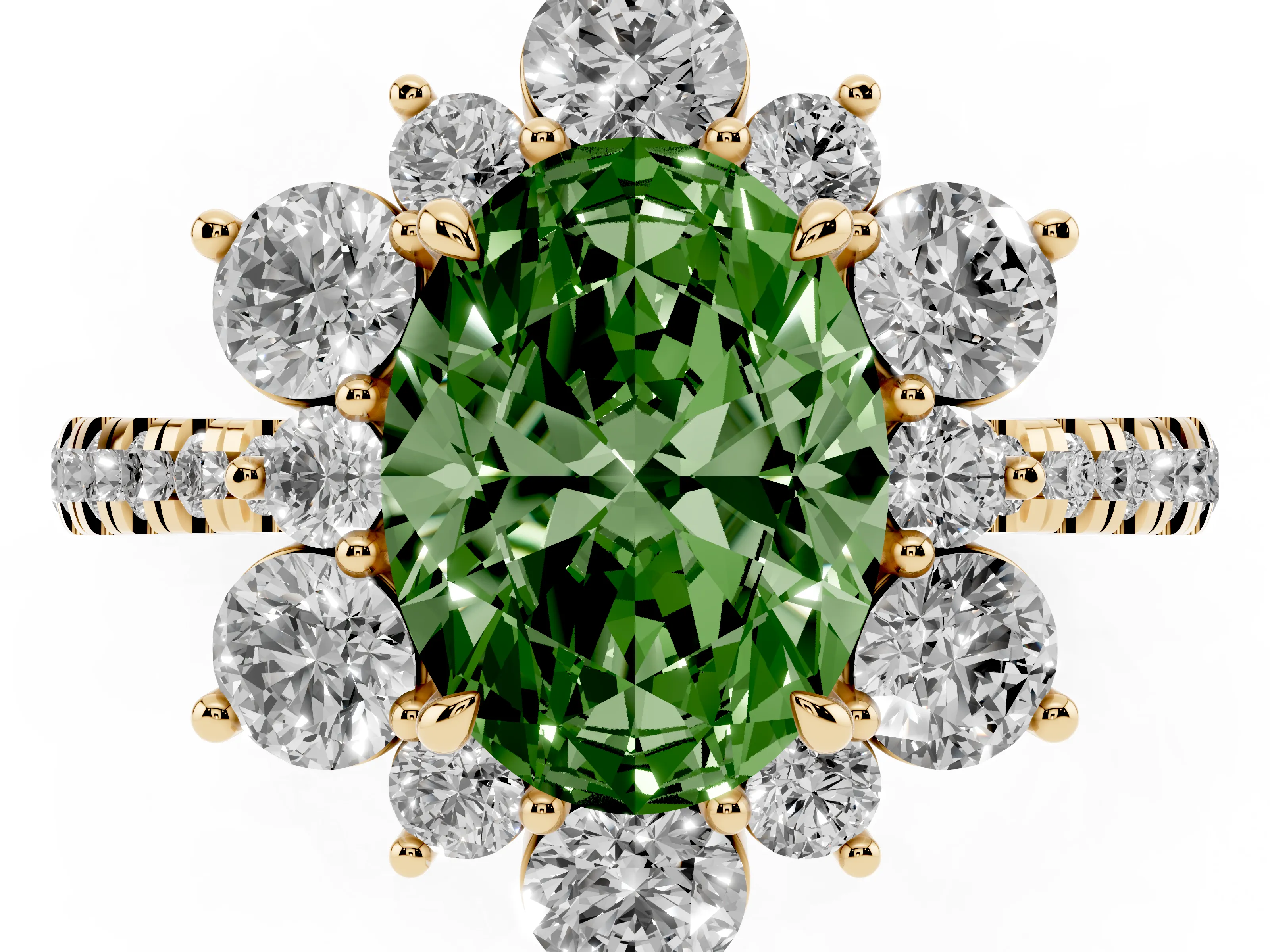 Fancy Green Oval Cut Diamond Floral Halo Ring Set in Yellow gold with Round Pavé Band and Prong Setting