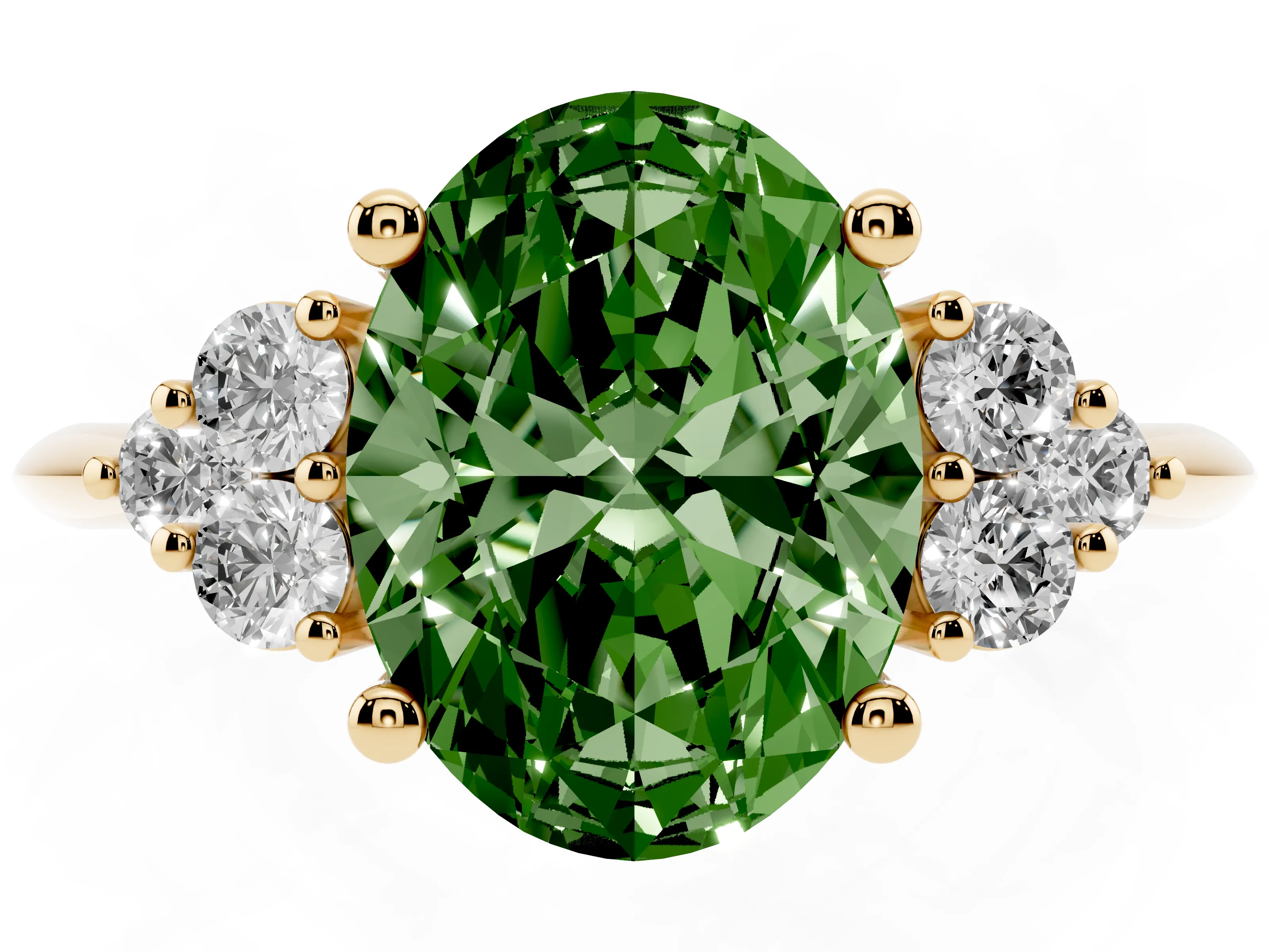 Fancy Green Oval Cut Diamond Cluster Ring Set in Yellow gold with Plain Band and Prong Setting