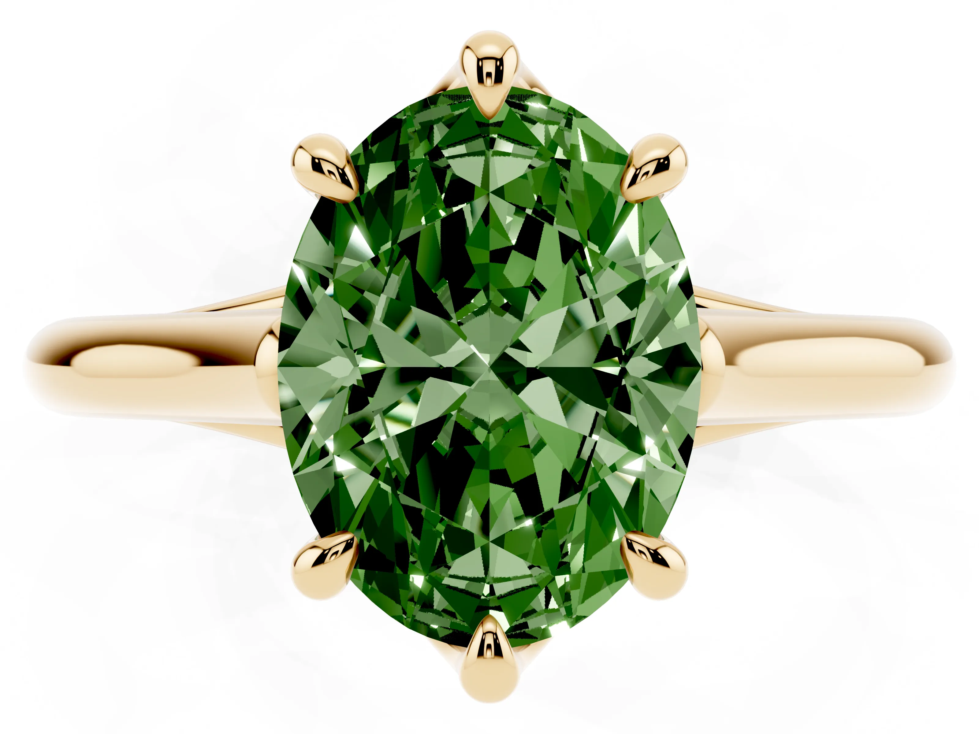 Fancy Green Oval Cut Diamond Solitaire Engagement Ring Set in Yellow gold with Prong Setting and Plain Classic Band