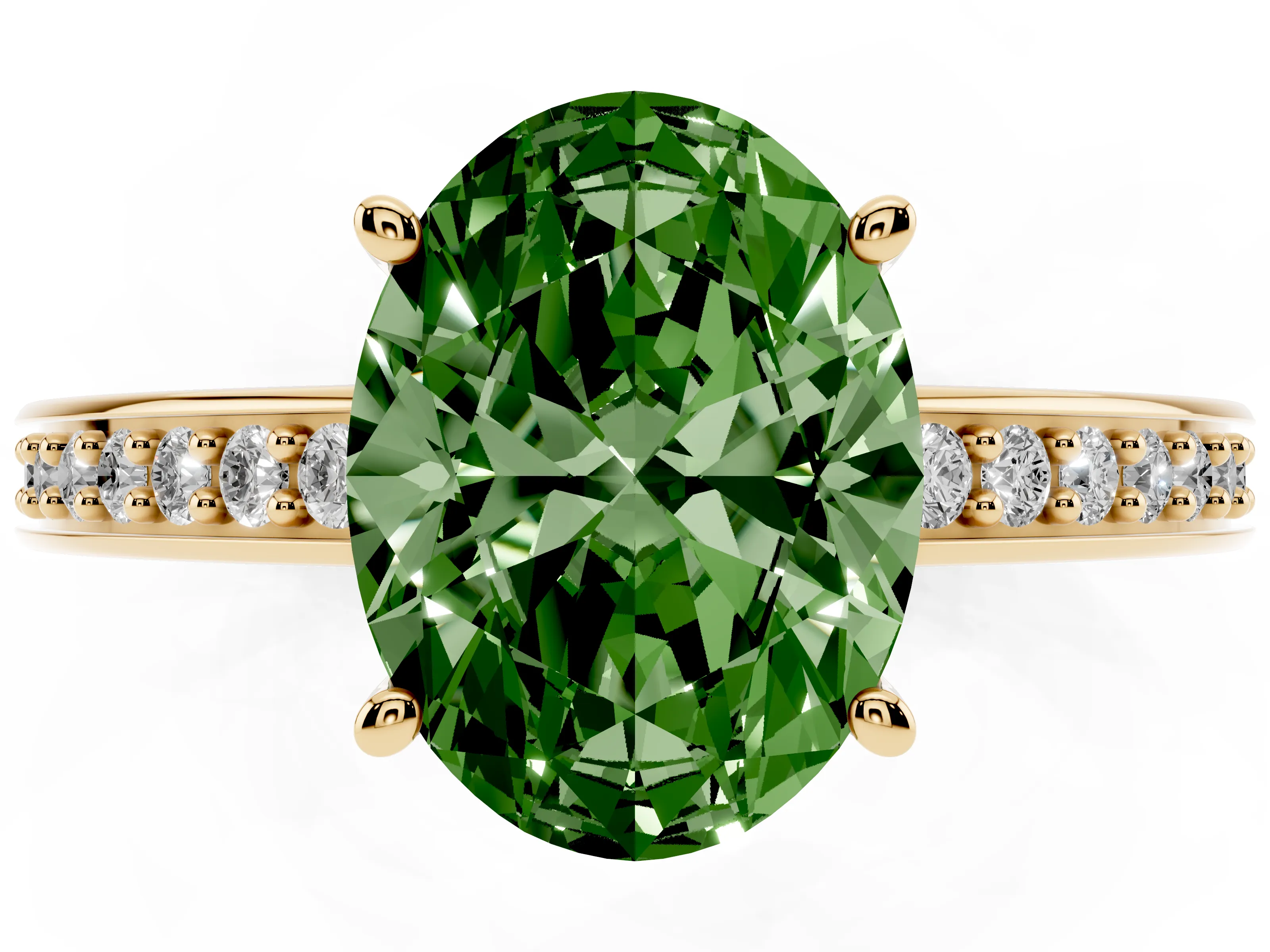 Fancy Green Oval Cut Diamond Pavé Band Prong Set Solitaire Ring Set in Yellow gold