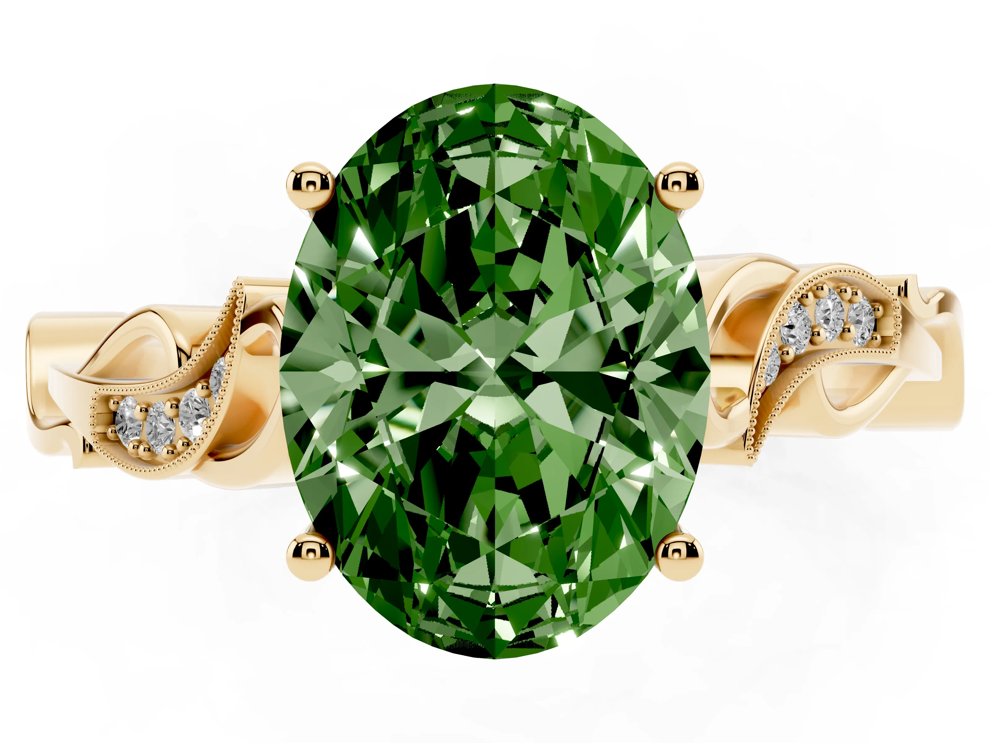 Fancy Green Oval Cut Diamond Vine Band Solitaire Ring Set in Yellow gold with Milgrain Prong Setting