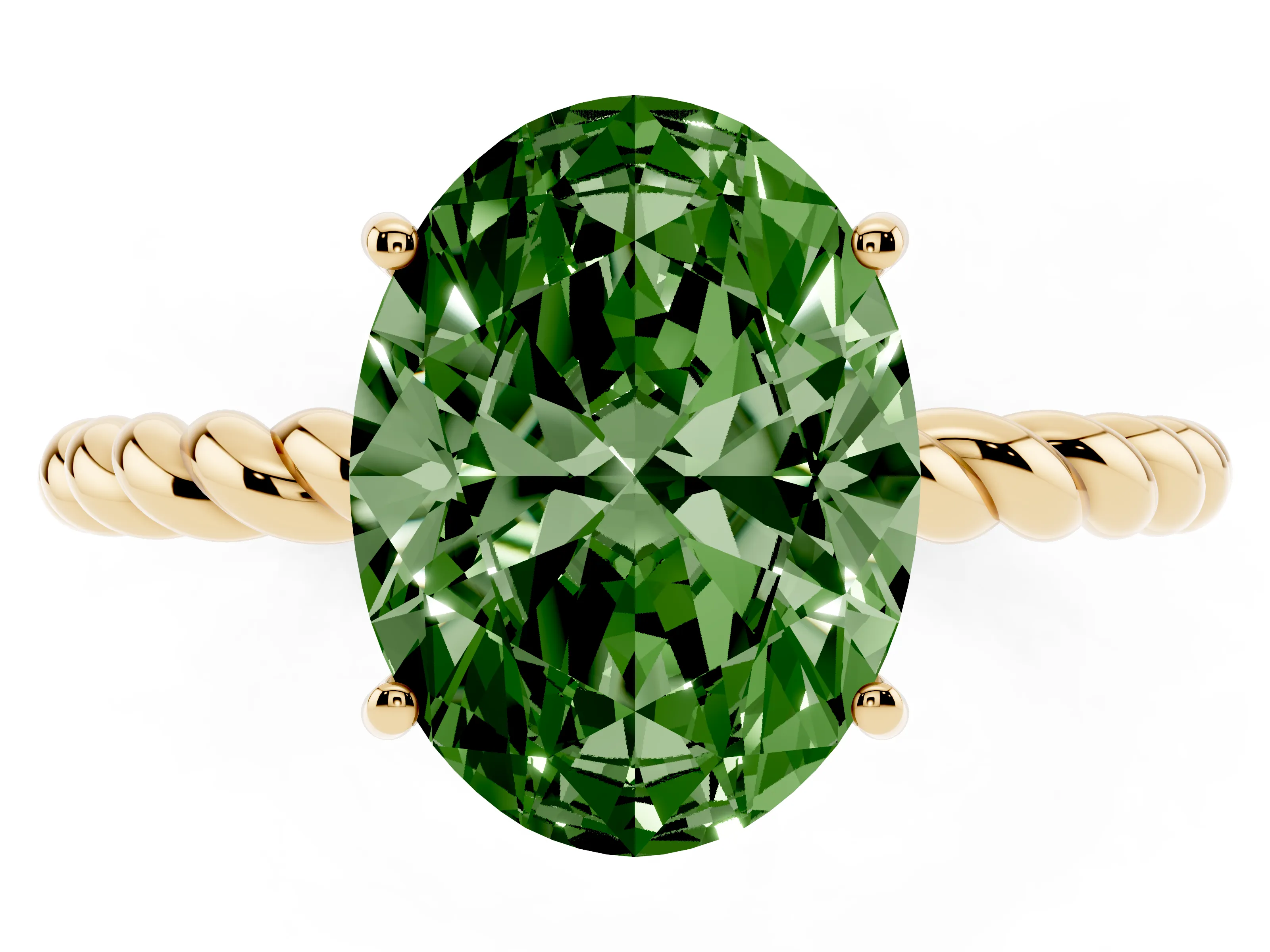 Fancy Green Oval Cut Diamond Solitaire Twisted Band Ring Set in Yellow gold with Prong Solitaire Setting