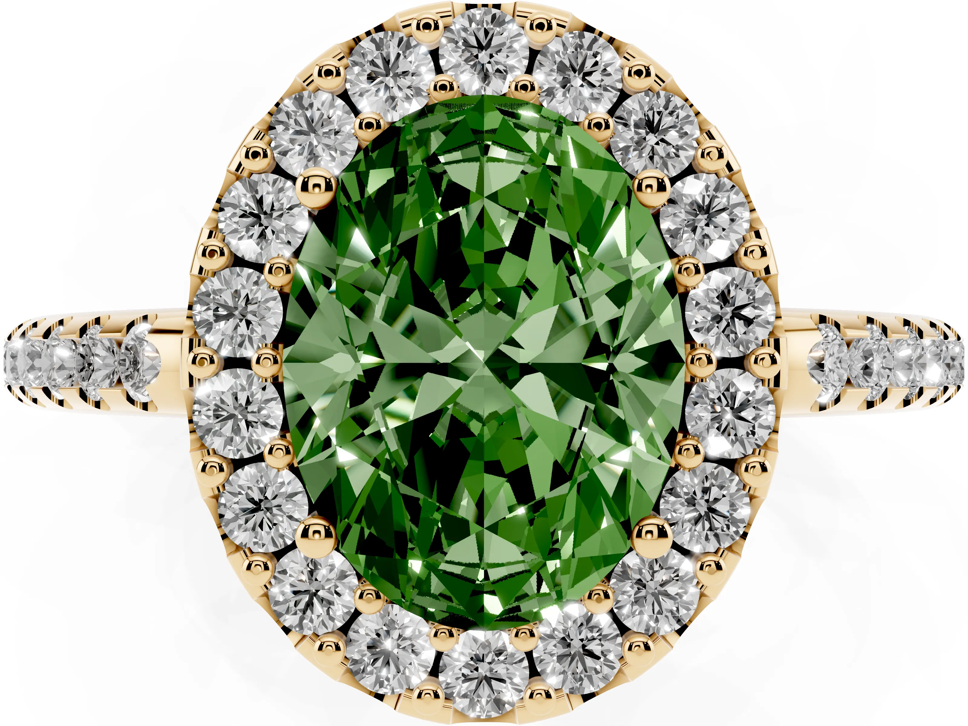 Fancy Green Oval Cut Diamond Pavé Halo Ring Set in Yellow gold with Prong Setting