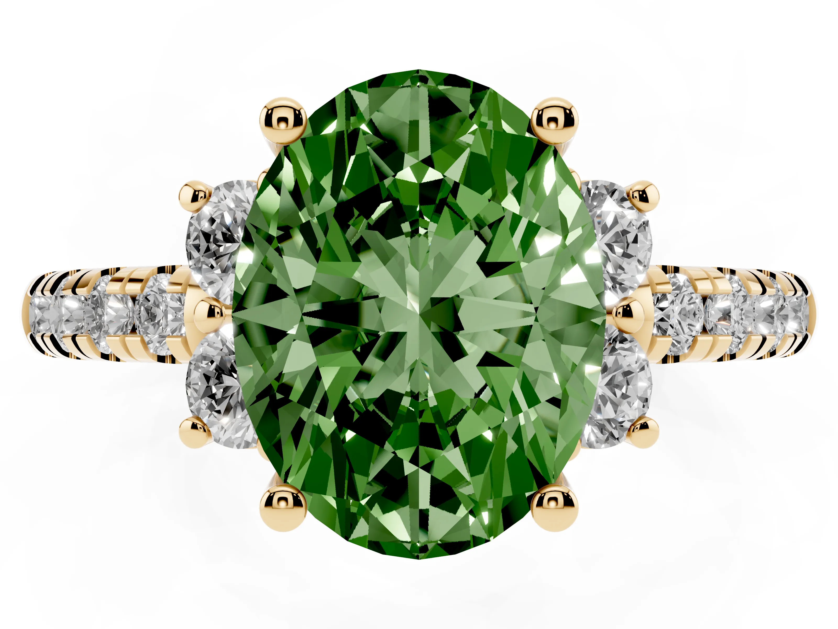 Fancy Green Oval Cut Diamond Three-Stone Pavé Ring Set in Yellow gold with Prong Setting