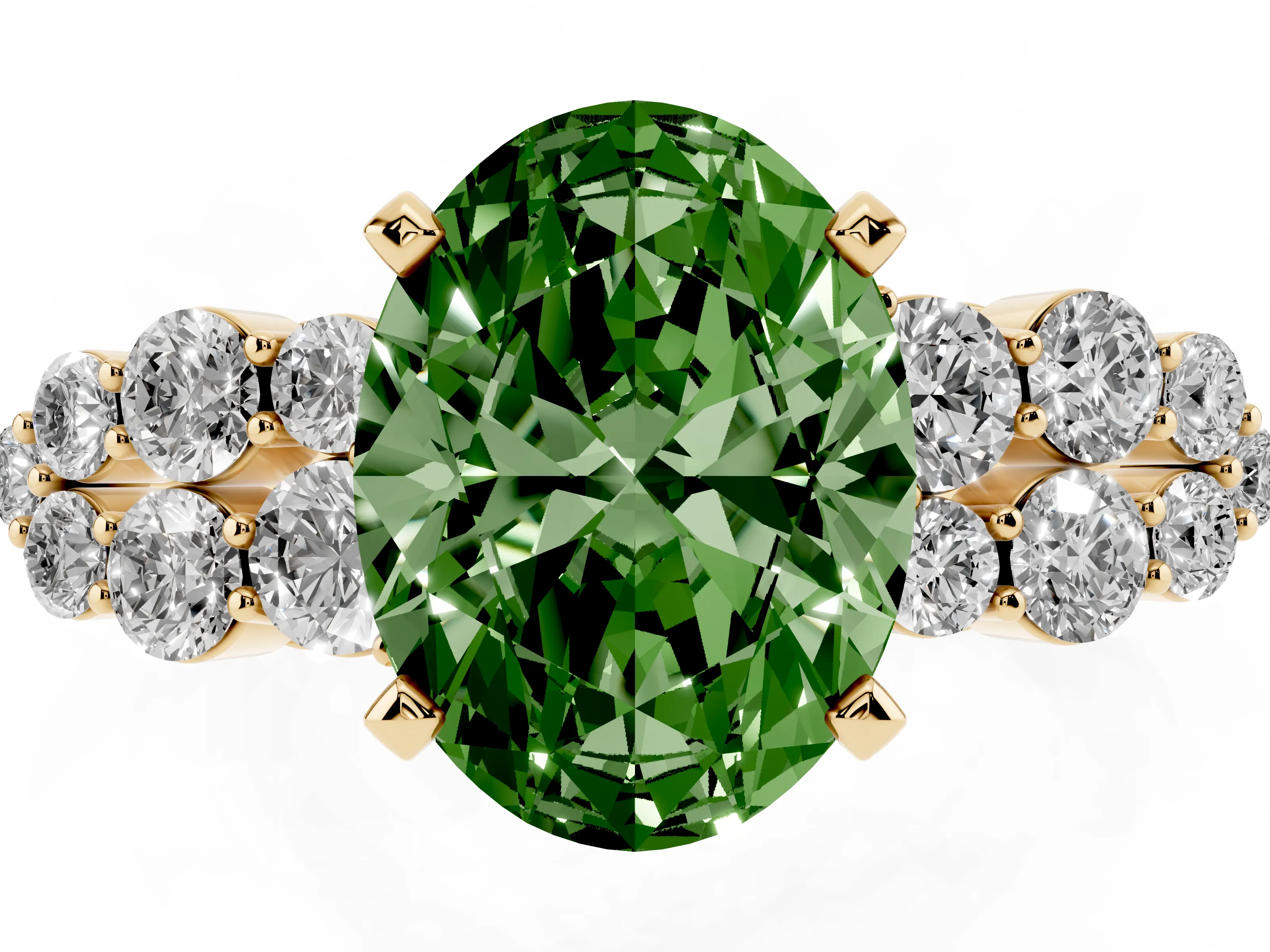 Fancy Green Oval Cut Diamond Cluster Engagement Ring Set in Yellow gold with Pavé Band and Prong Setting