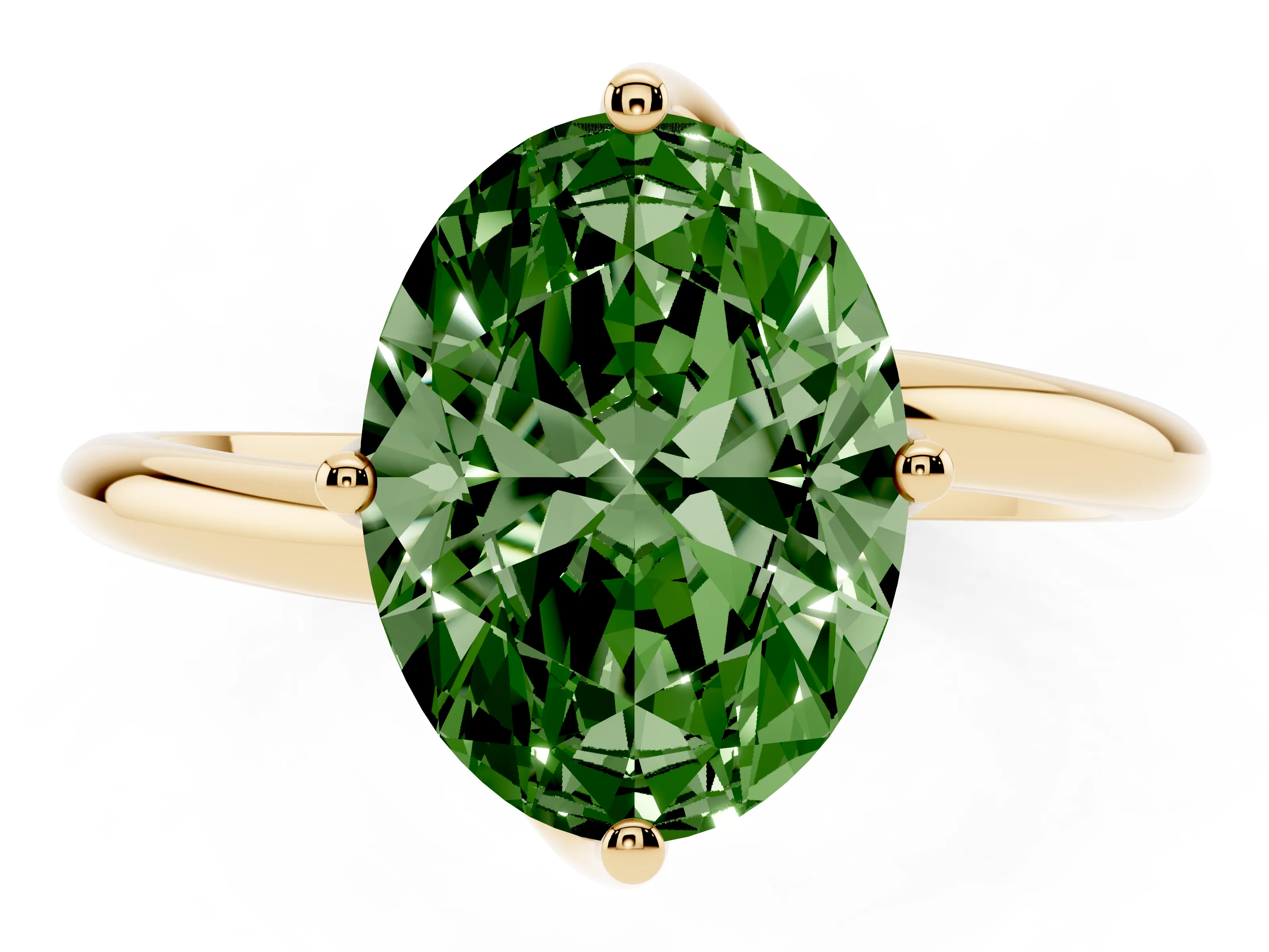 Fancy Green Oval Cut Diamond Solitaire Engagement Ring Set in Yellow gold with Classic Plain Band