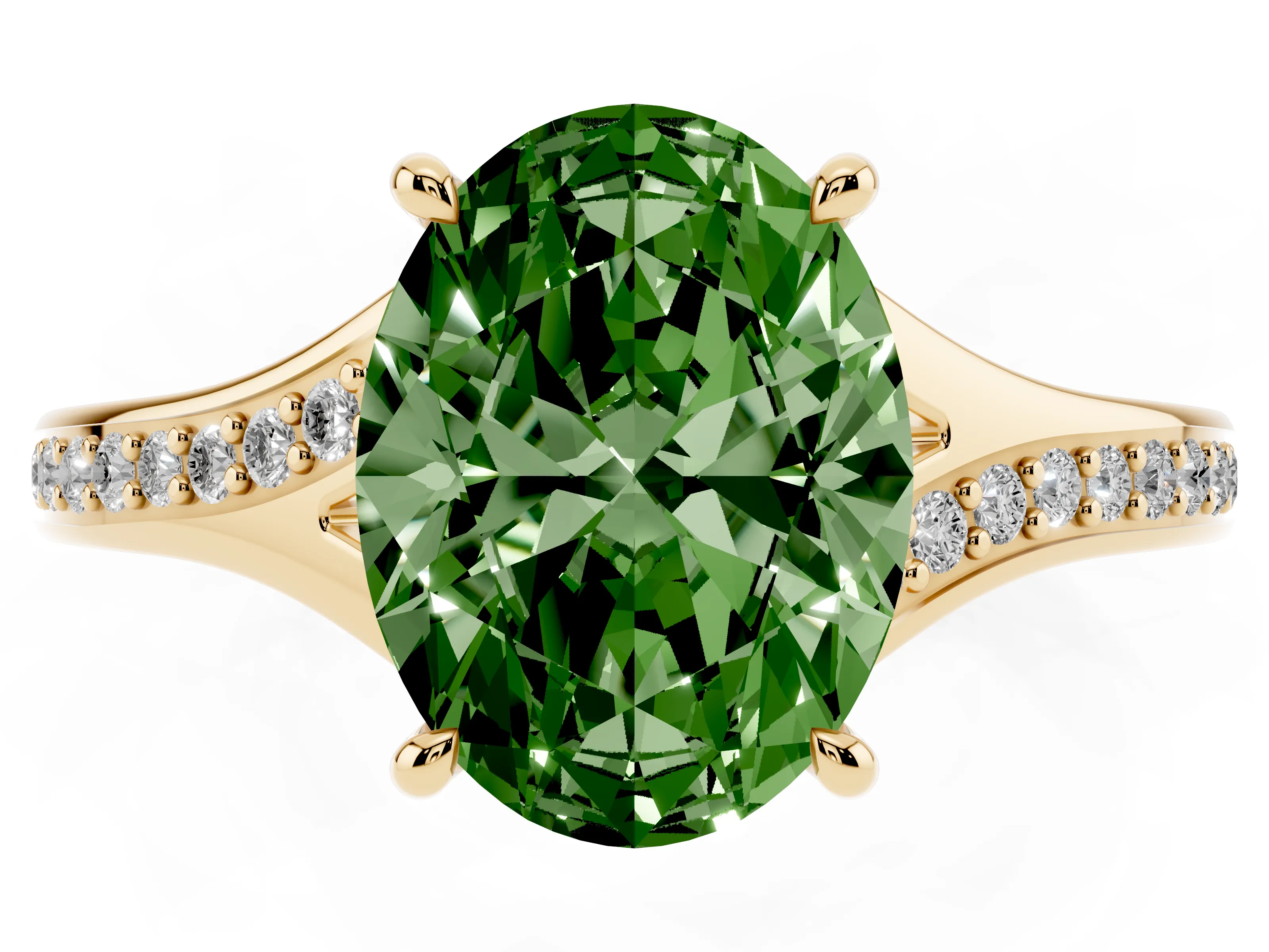Fancy Green Oval Cut Diamond Solitaire Ring Set in Yellow gold with Pavé Accent Band and Classic Prong Setting