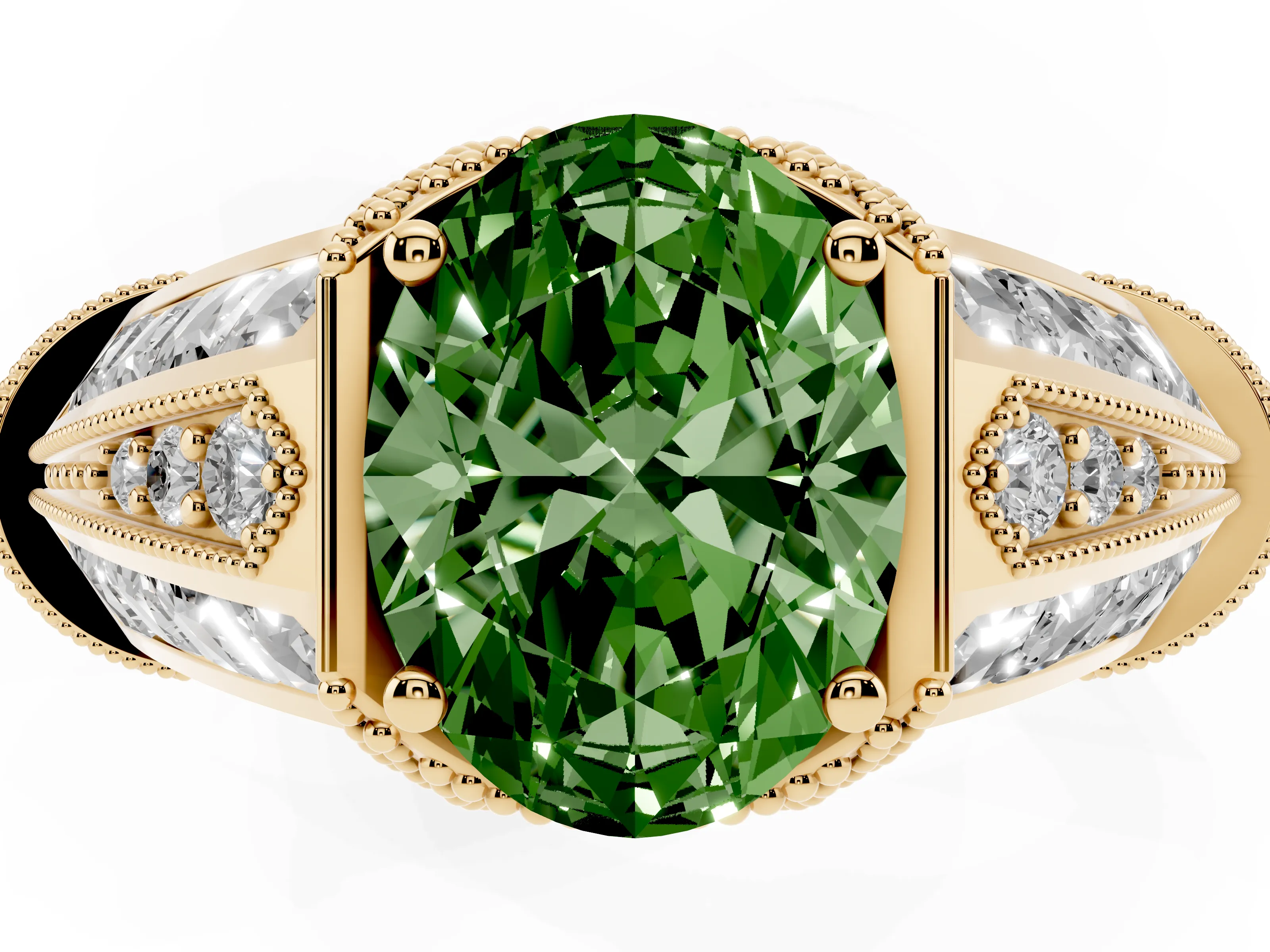 Fancy Green Oval Cut Diamond Vintage-Inspired Milgrain Ring Set in Yellow gold with Accent Split Shank