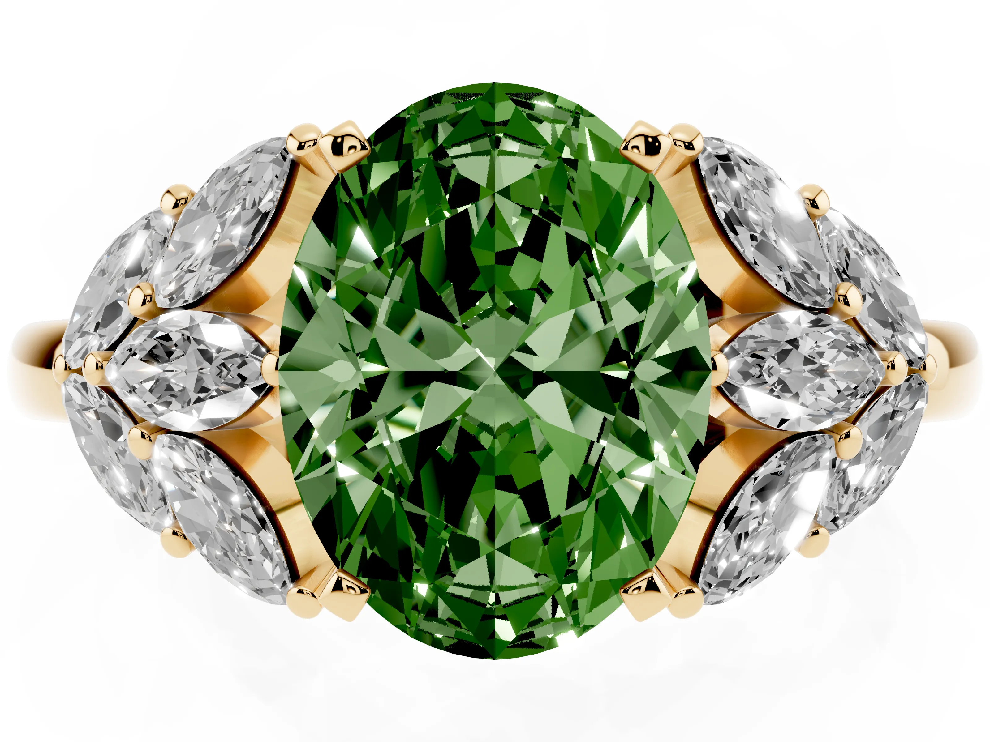 Fancy Green Oval Cut Diamond Cluster Leaf Design Ring Set in Yellow gold with Prong Setting