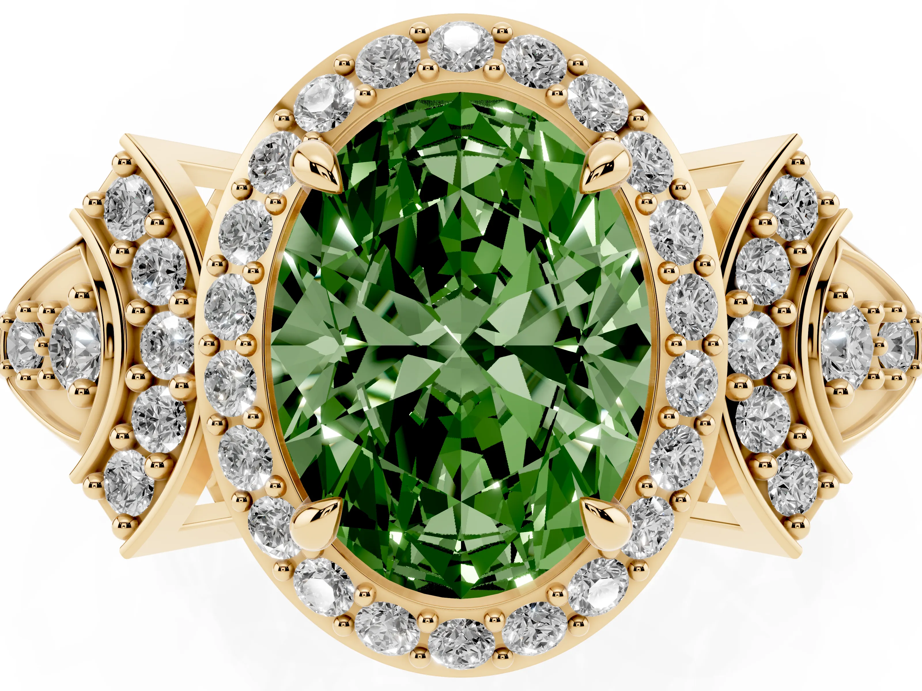Fancy Green Oval Cut Diamond Halo Engagement Ring Set in Yellow gold with Accent Stone Split Shank