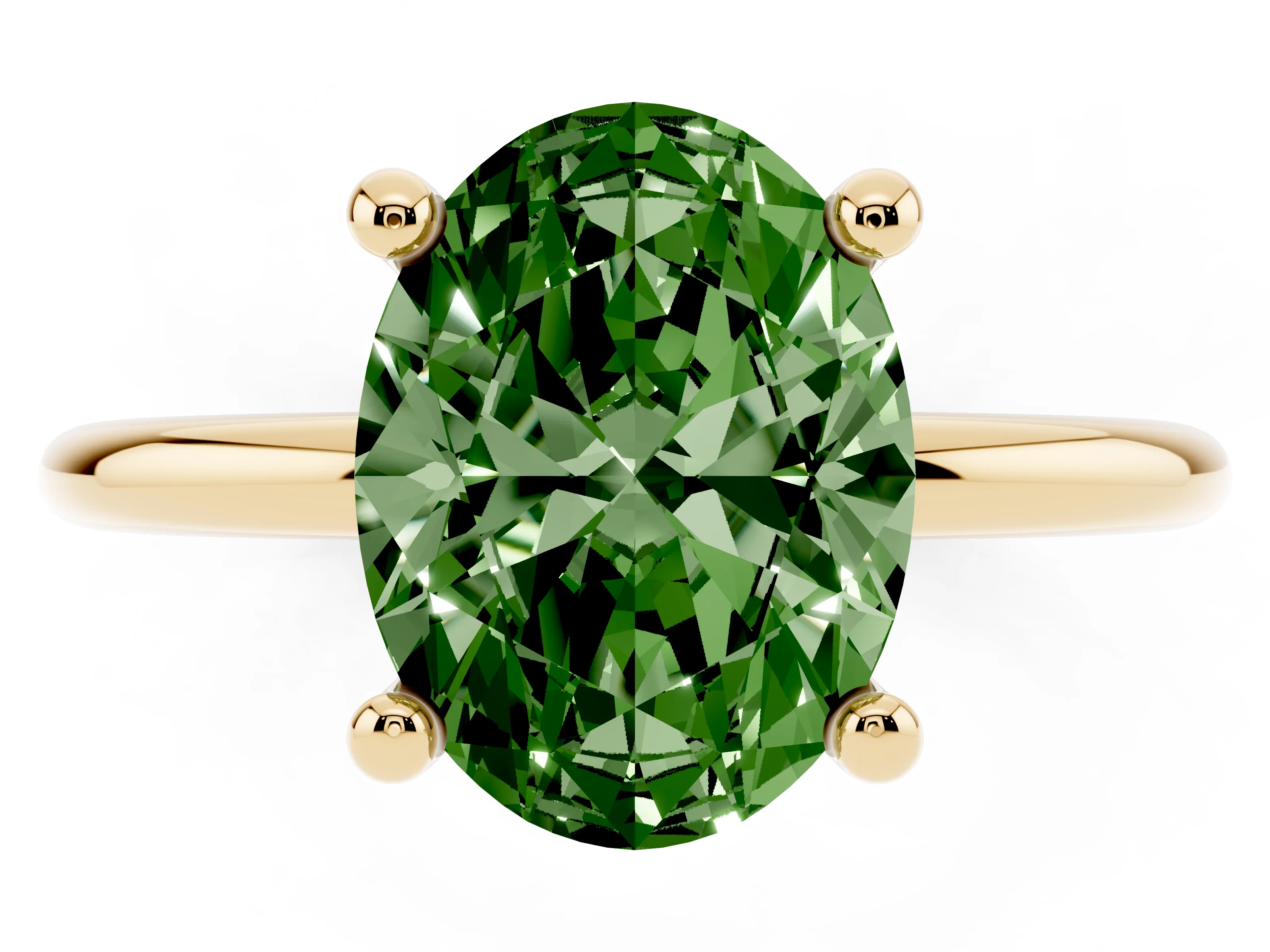 Fancy Green Oval Cut Diamond Solitaire Ring Set in Yellow gold with Secure Prong Setting on a Classic Band