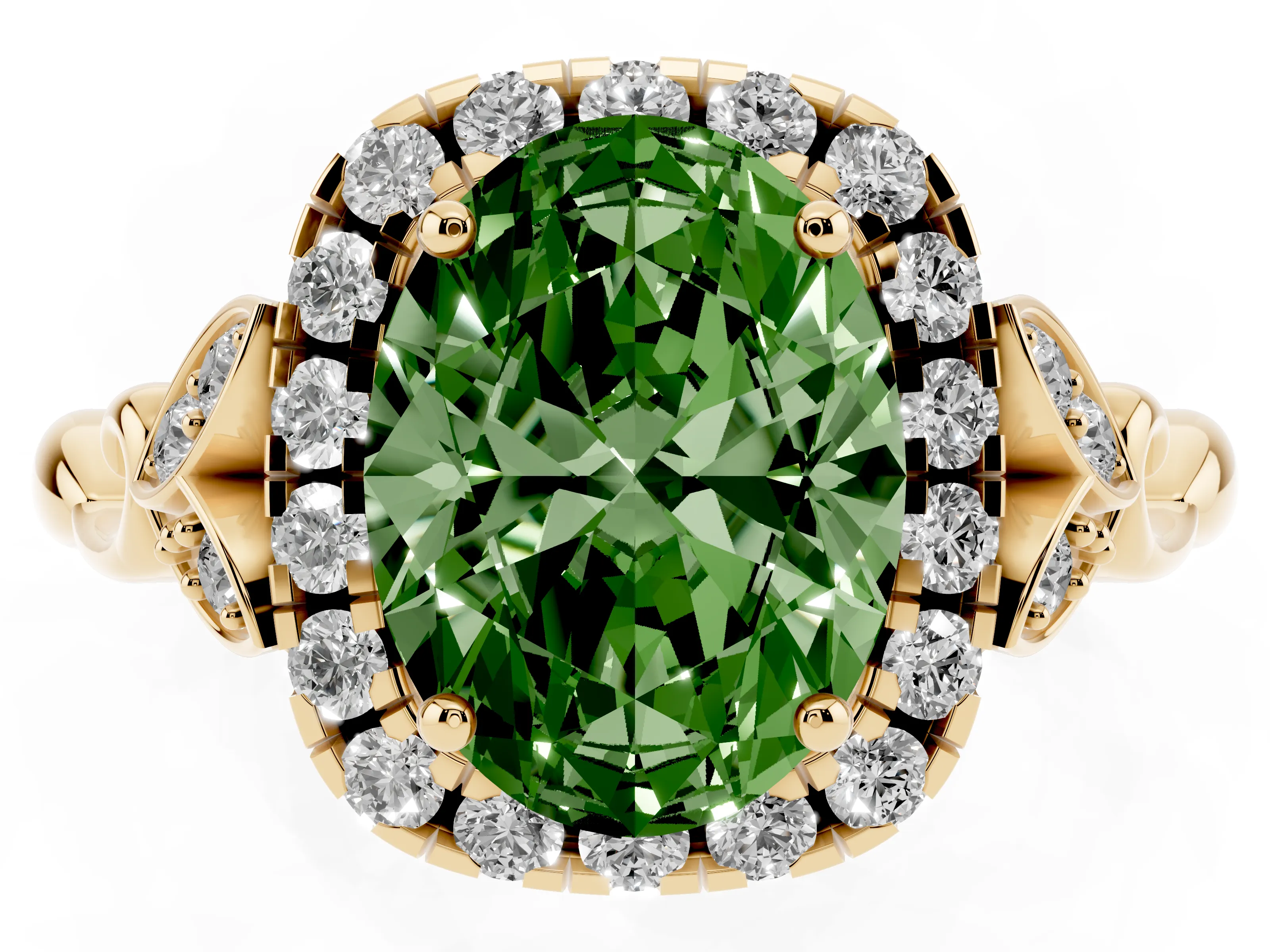 Fancy Green Oval Cut Diamond Halo Engagement Ring Set in Yellow gold with Vintage-Inspired Band and Prong Setting