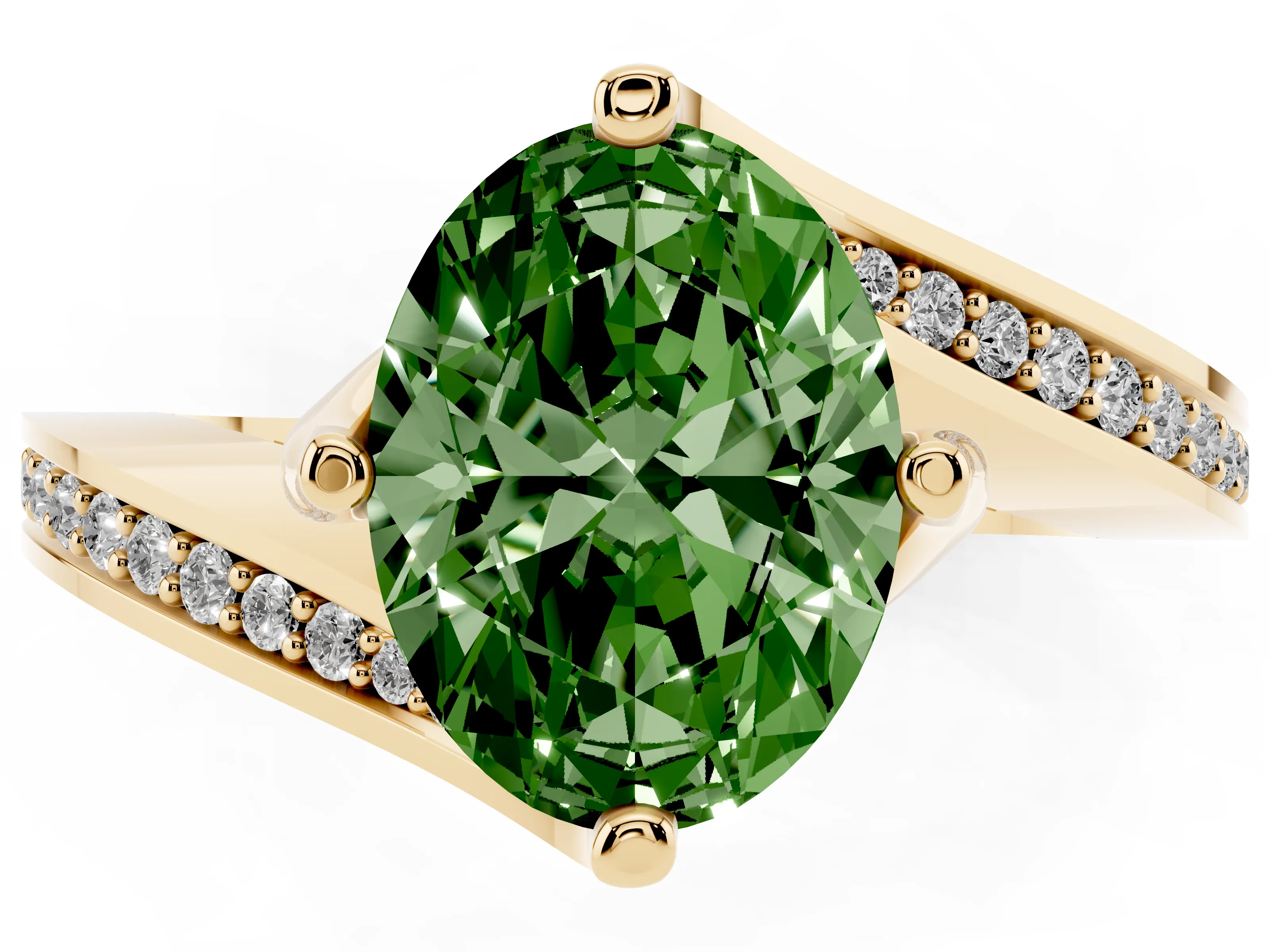 Fancy Green Oval Cut Diamond Solitaire Ring Set in Yellow gold with Intertwined Pavé Twist Band