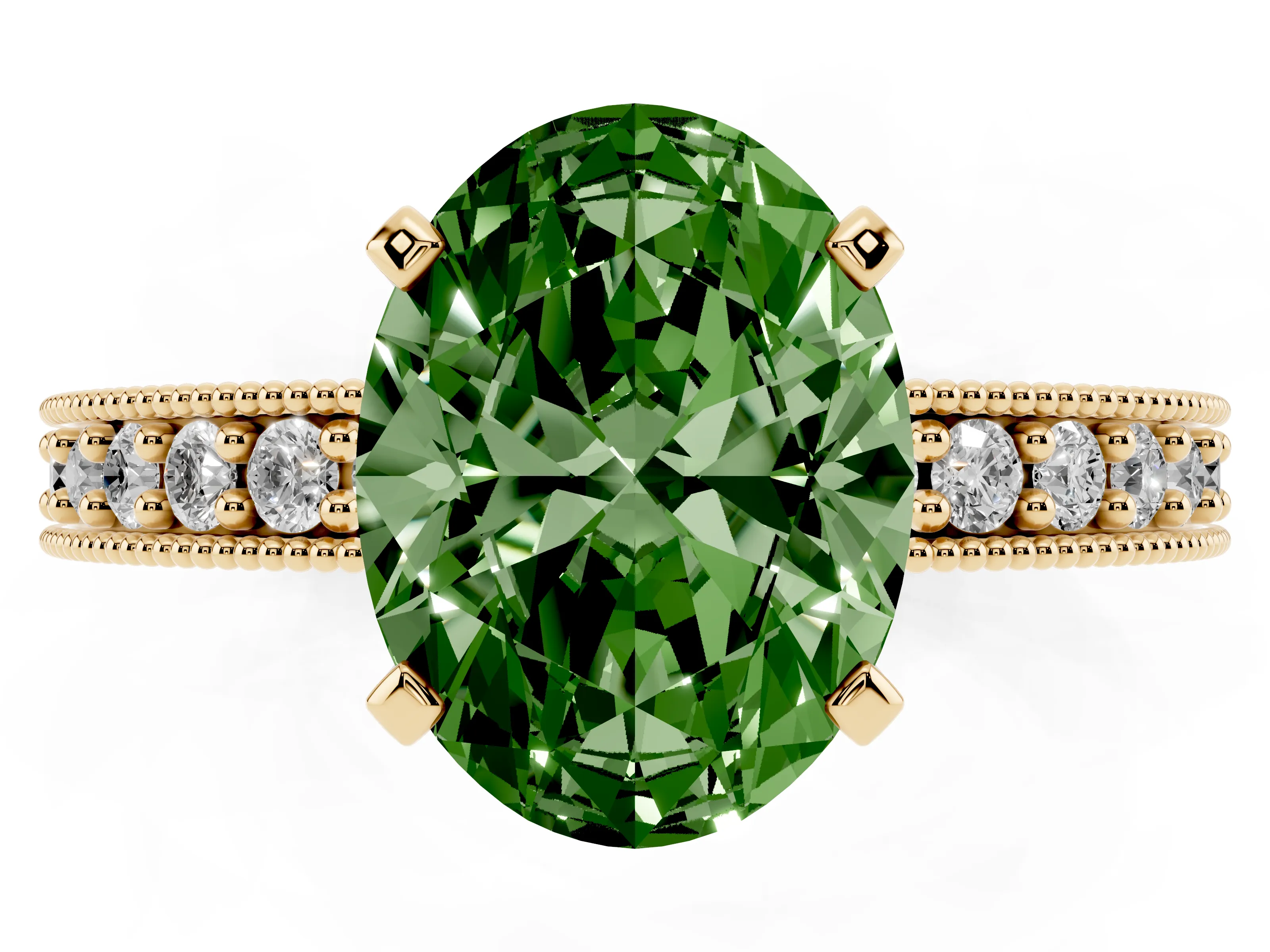 Fancy Green Oval Cut Diamond Milgrain Pavé Engagement Ring Set in Yellow gold with Prong Setting