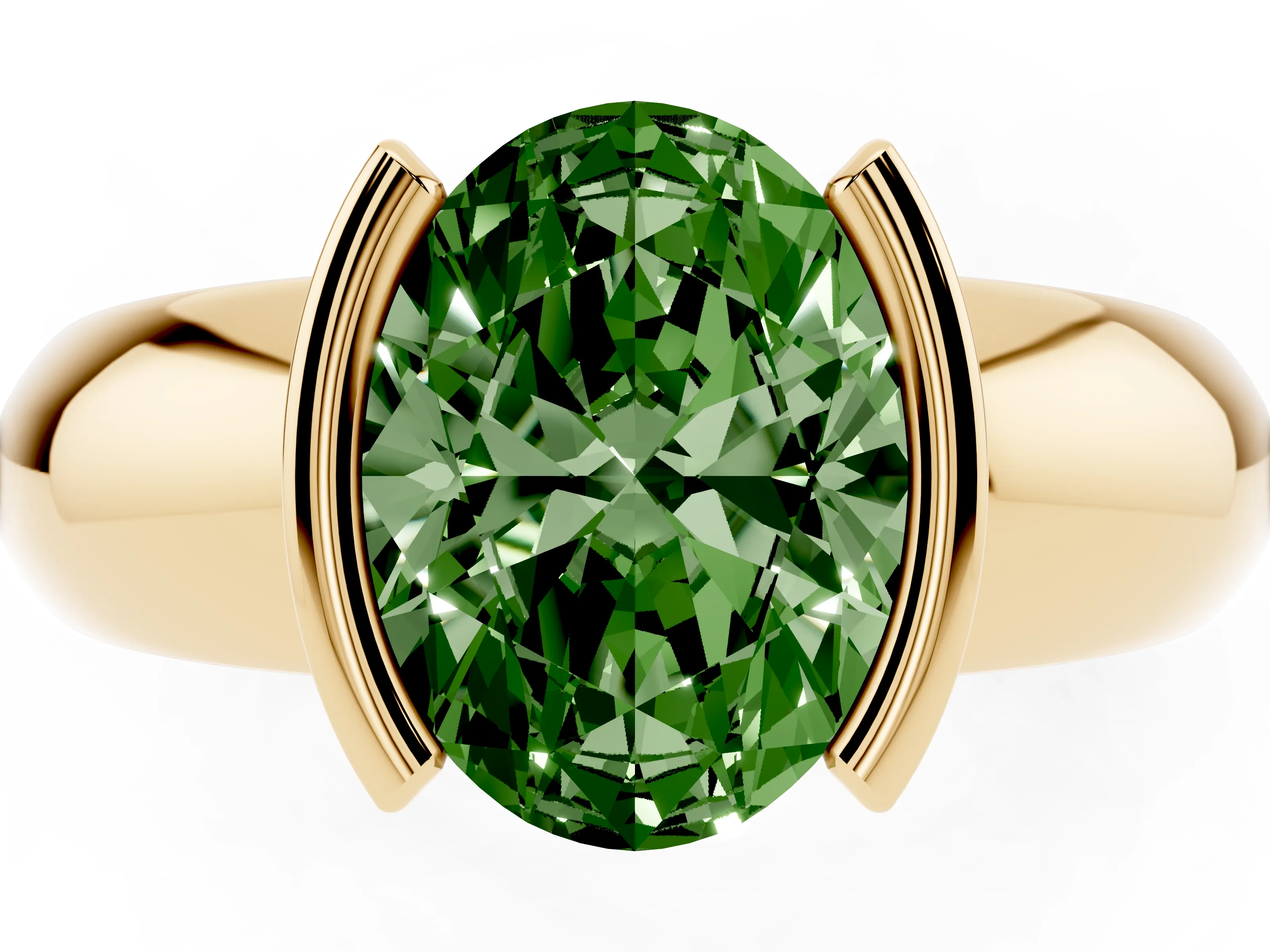 Fancy Green Oval Cut Diamond Solitaire Tension Set Ring Set in Yellow gold with Wide Band