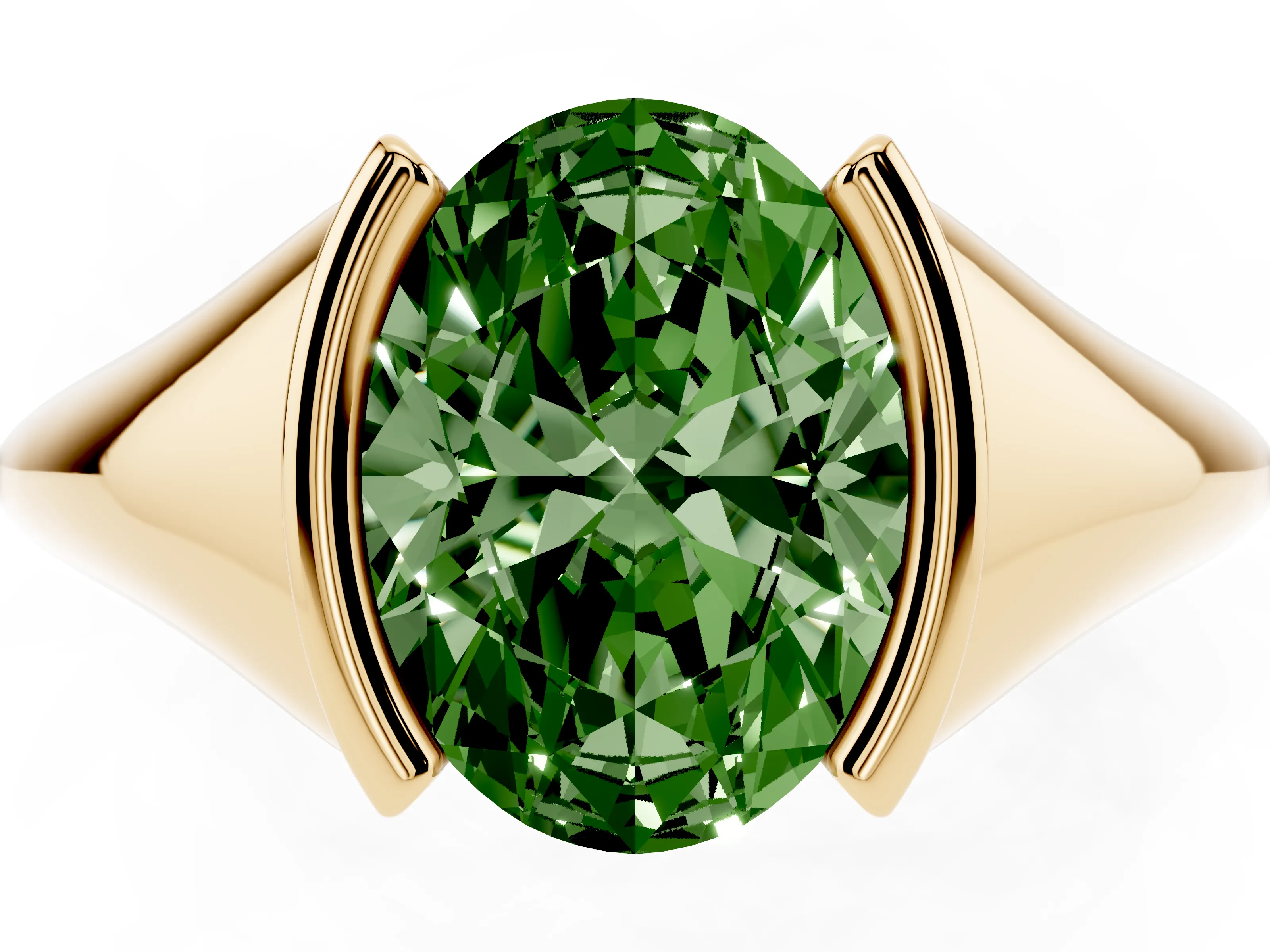 Fancy Green Oval Cut Diamond Solitaire Tension Set Ring Set in Yellow gold