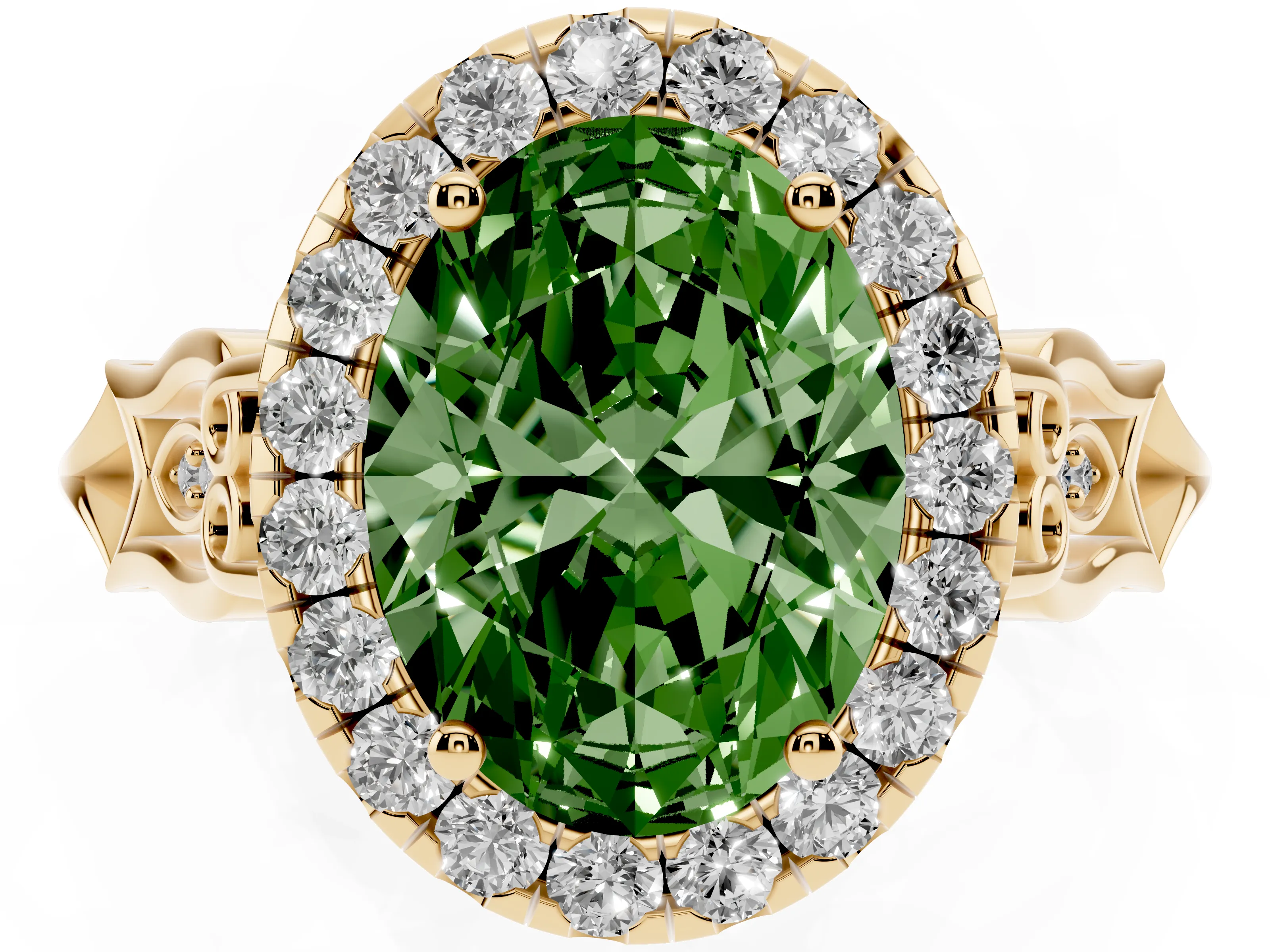 Fancy Green Oval Cut Diamond Halo Engagement Ring Set in Yellow gold with Filigree Band and Prong-Set Center