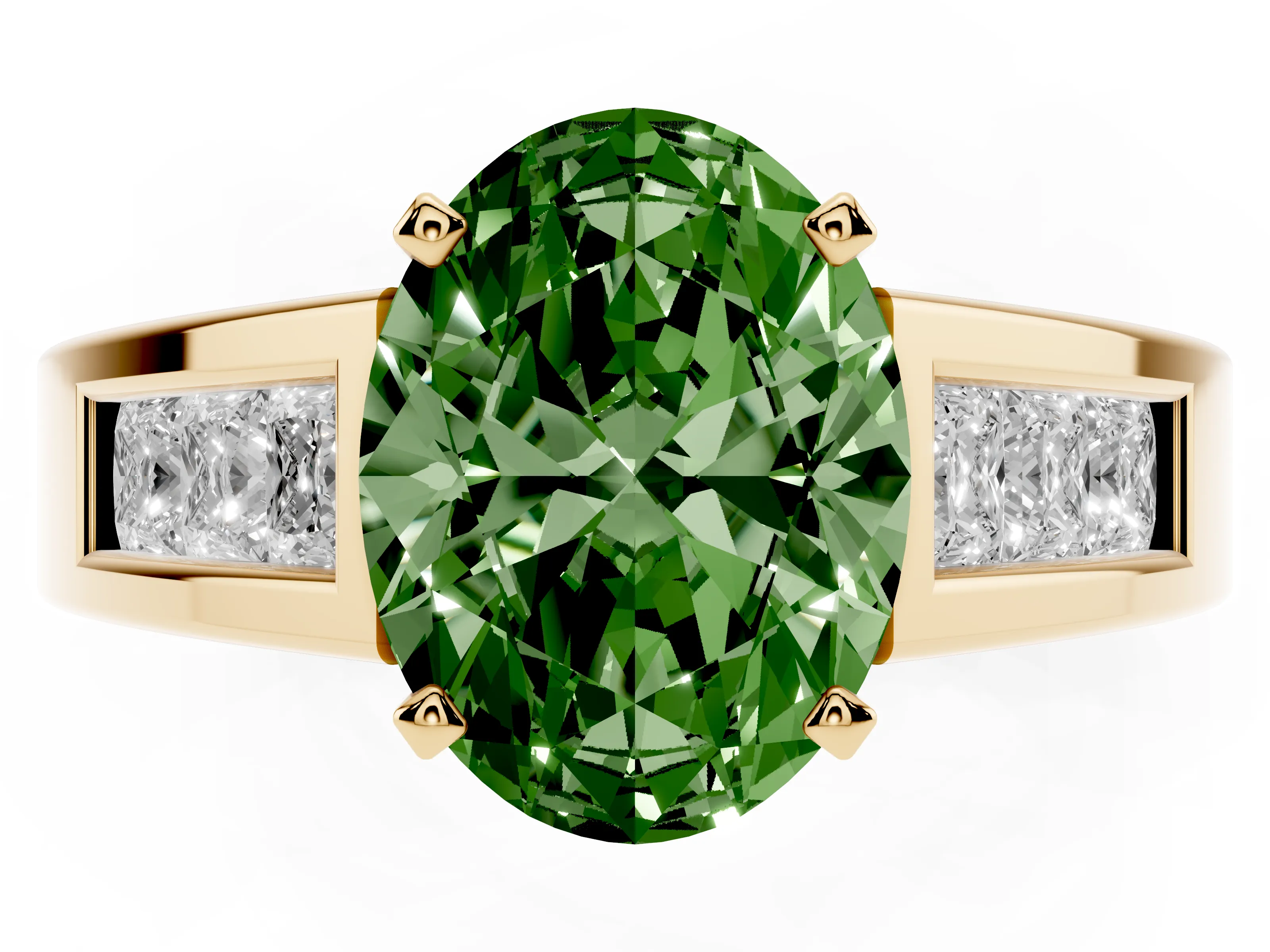 Fancy Green Oval Cut Diamond Solitaire Ring Set in Yellow gold with Channel-Set Accent Stones and Prong Setting
