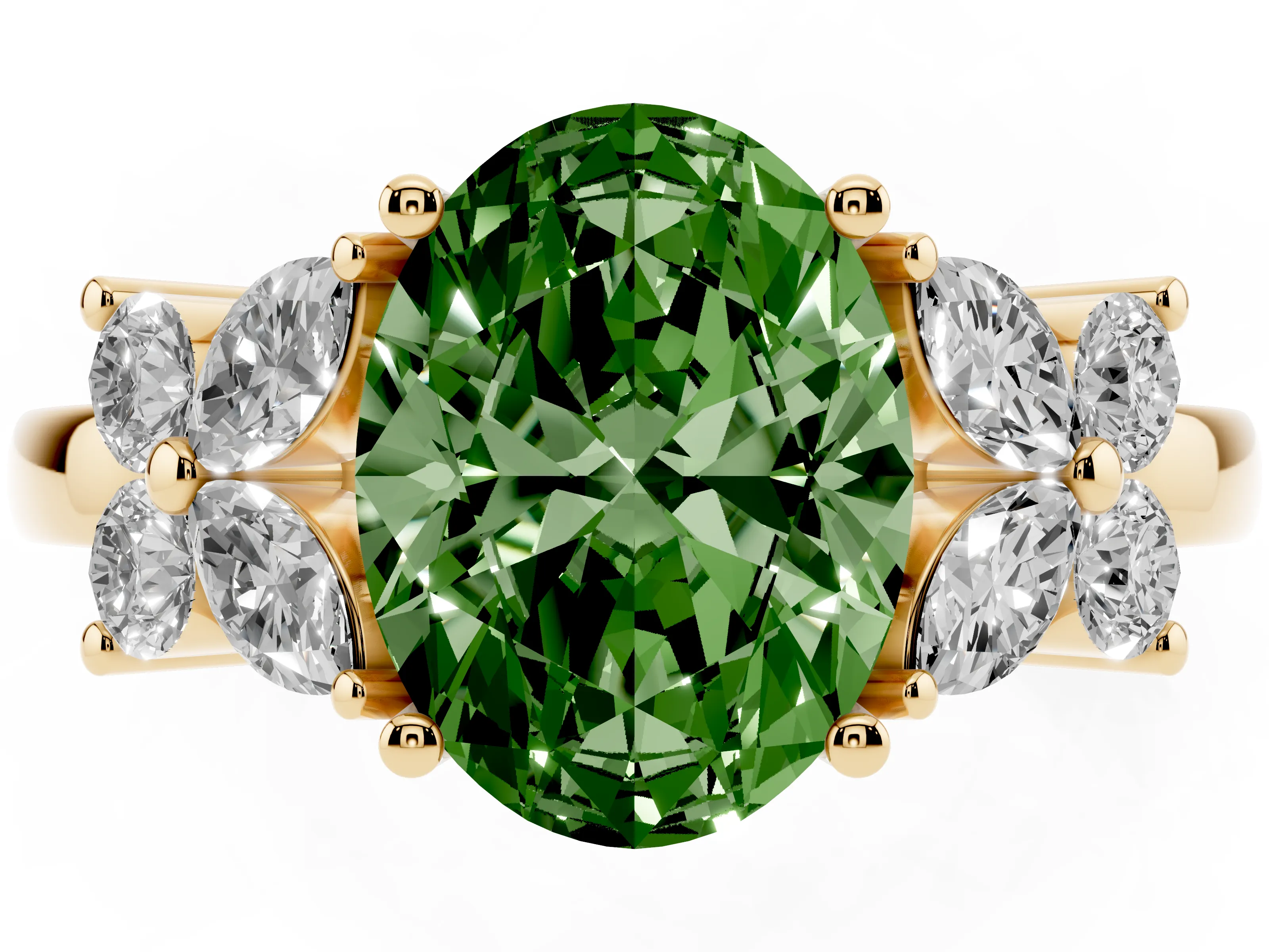 Fancy Green Oval Cut Diamond Floral Cluster Ring Set in Yellow gold with Marquise Petals and Prong Setting