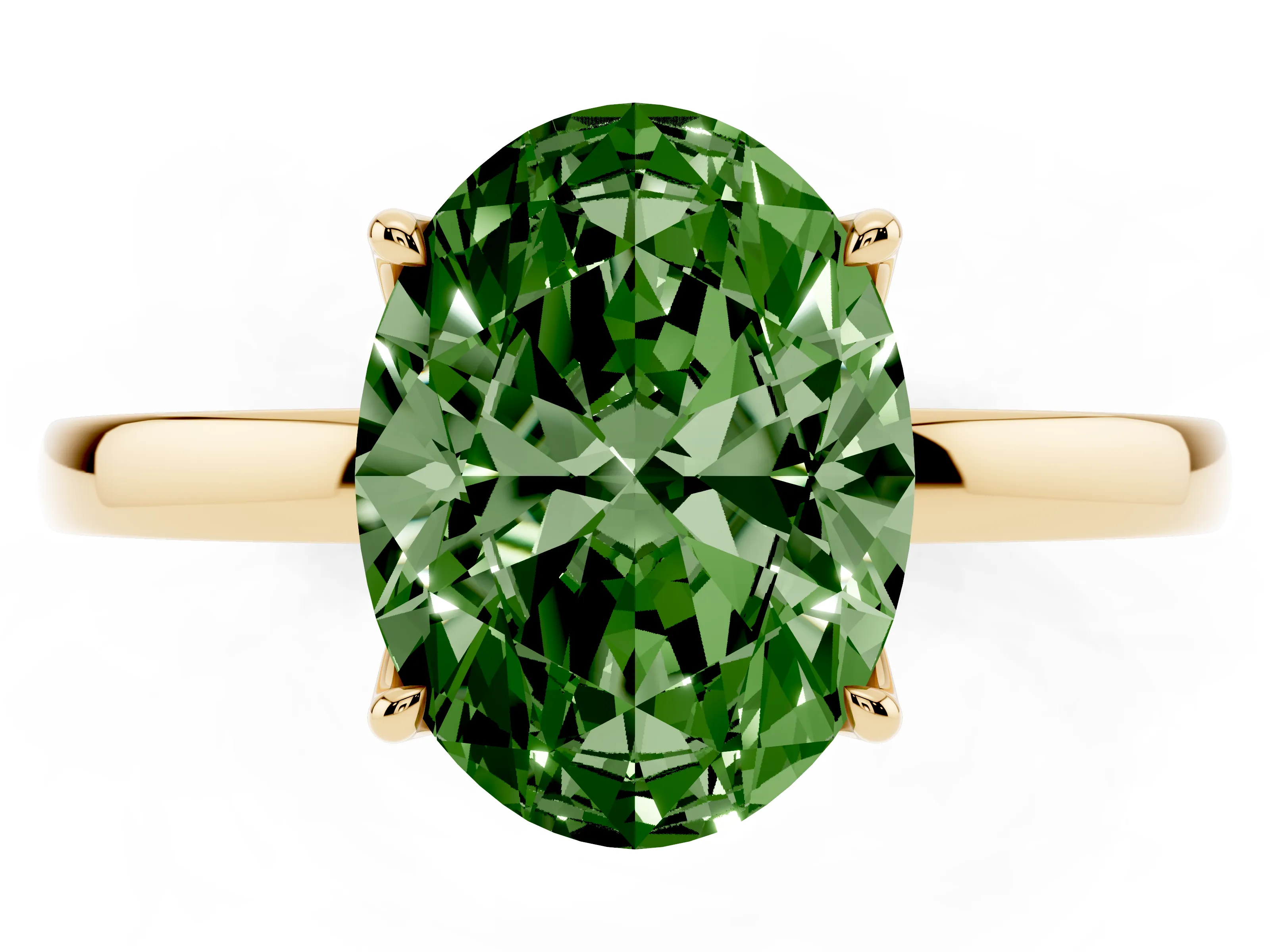 Fancy Green Oval Cut Diamond Solitaire Ring Set in Yellow gold with Prong Setting and Thin Polished Band