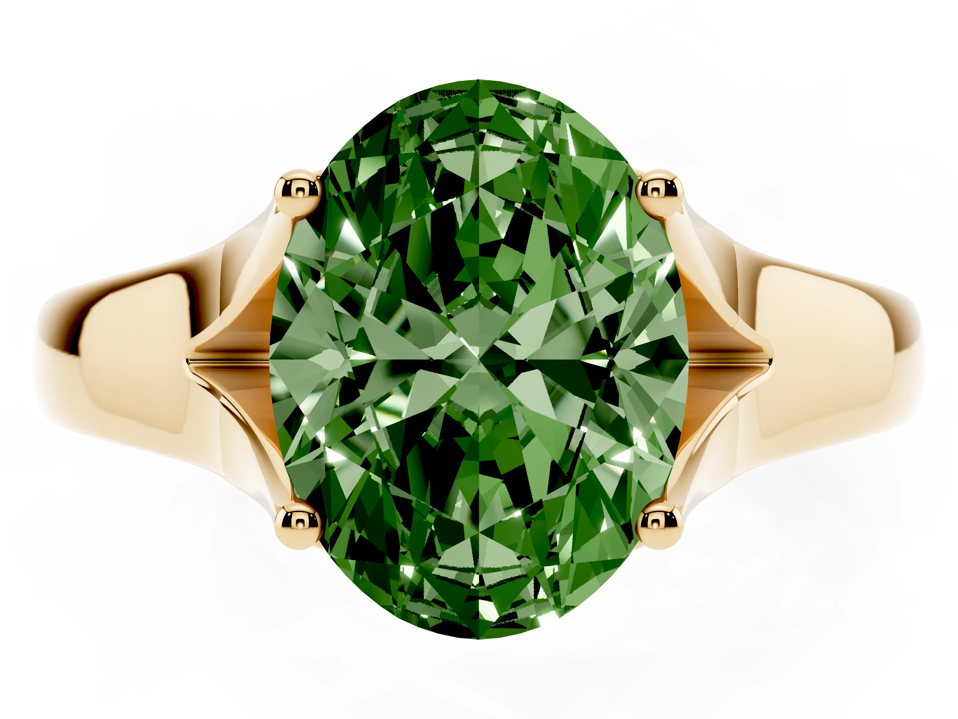 Fancy Green Oval Cut Diamond Solitaire Ring Set in Yellow gold with Arched Cathedral Band and Prong Setting