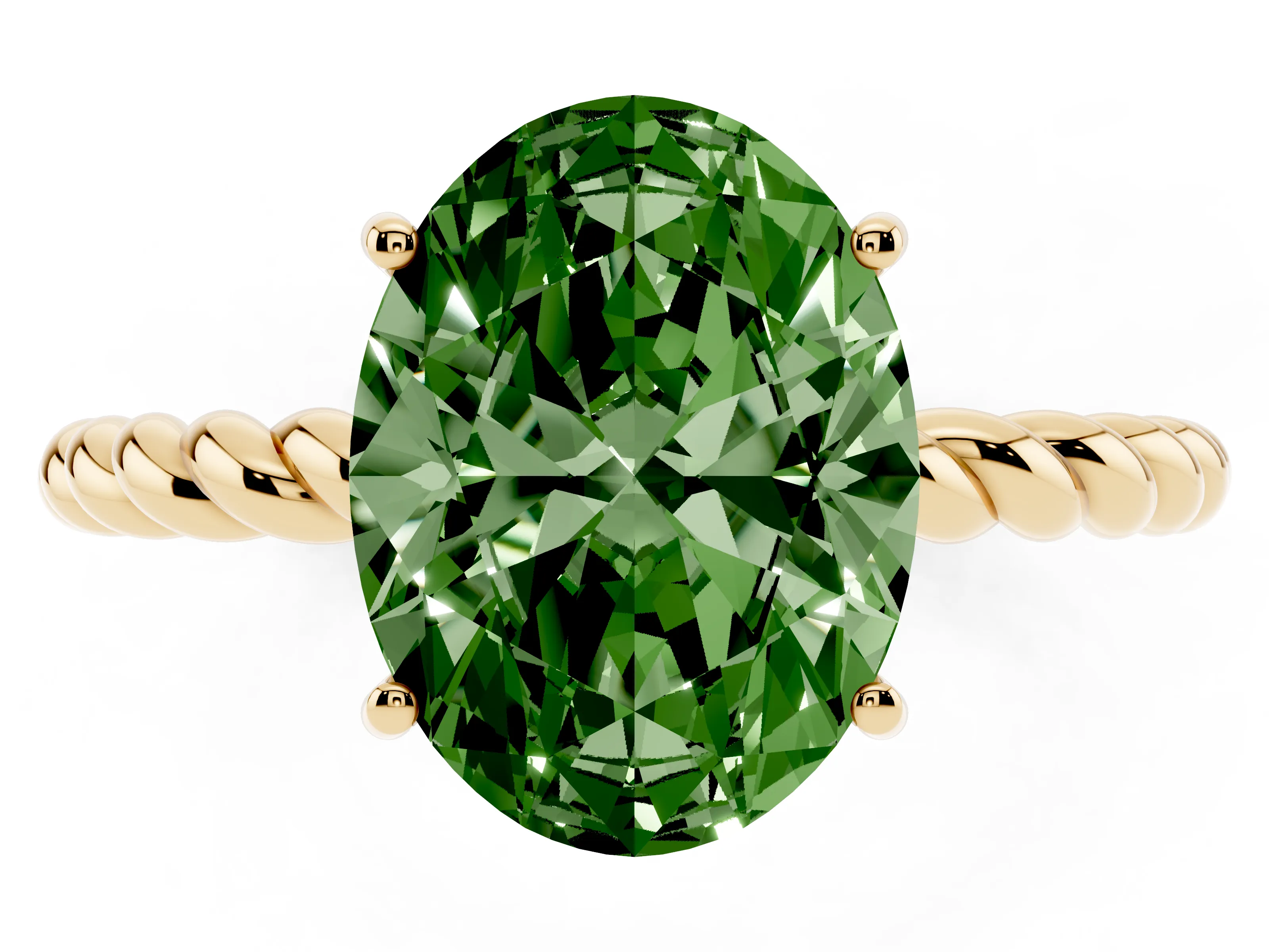 Fancy Green Oval Cut Diamond Solitaire Ring Set in Yellow gold with Twist Band and Prong Setting