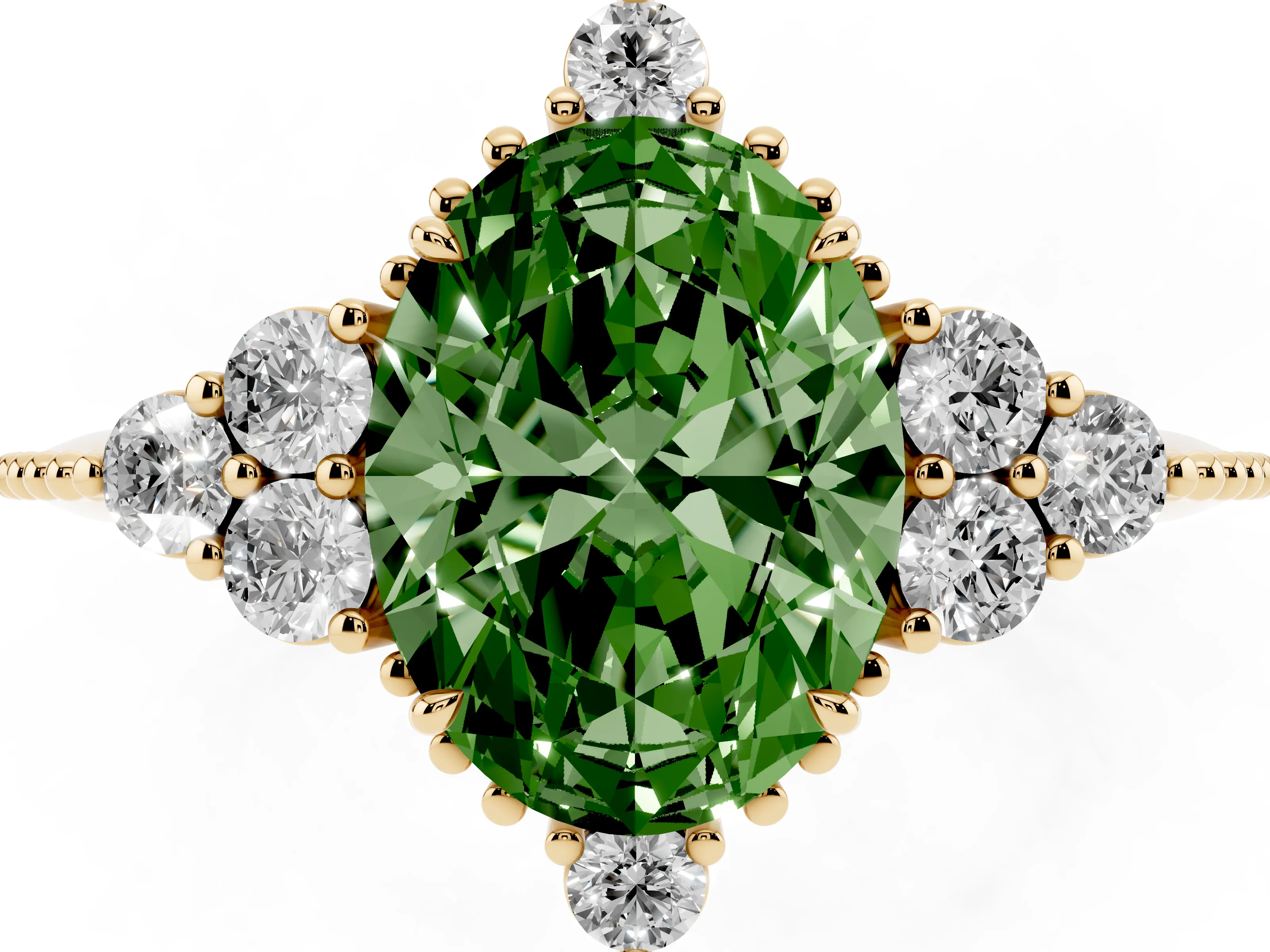 Fancy Green Oval Cut Diamond Cluster Ring Set in Yellow gold with Beaded Band