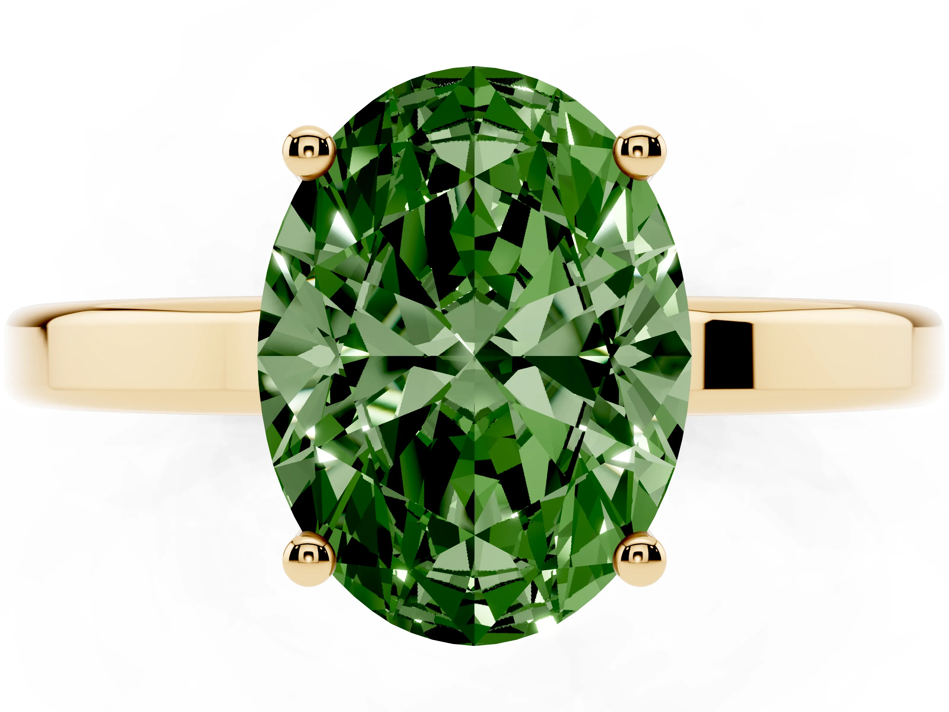 Fancy Green Oval Cut Diamond Solitaire Engagement Ring Set in Yellow gold with Prong Setting on a Plain Band
