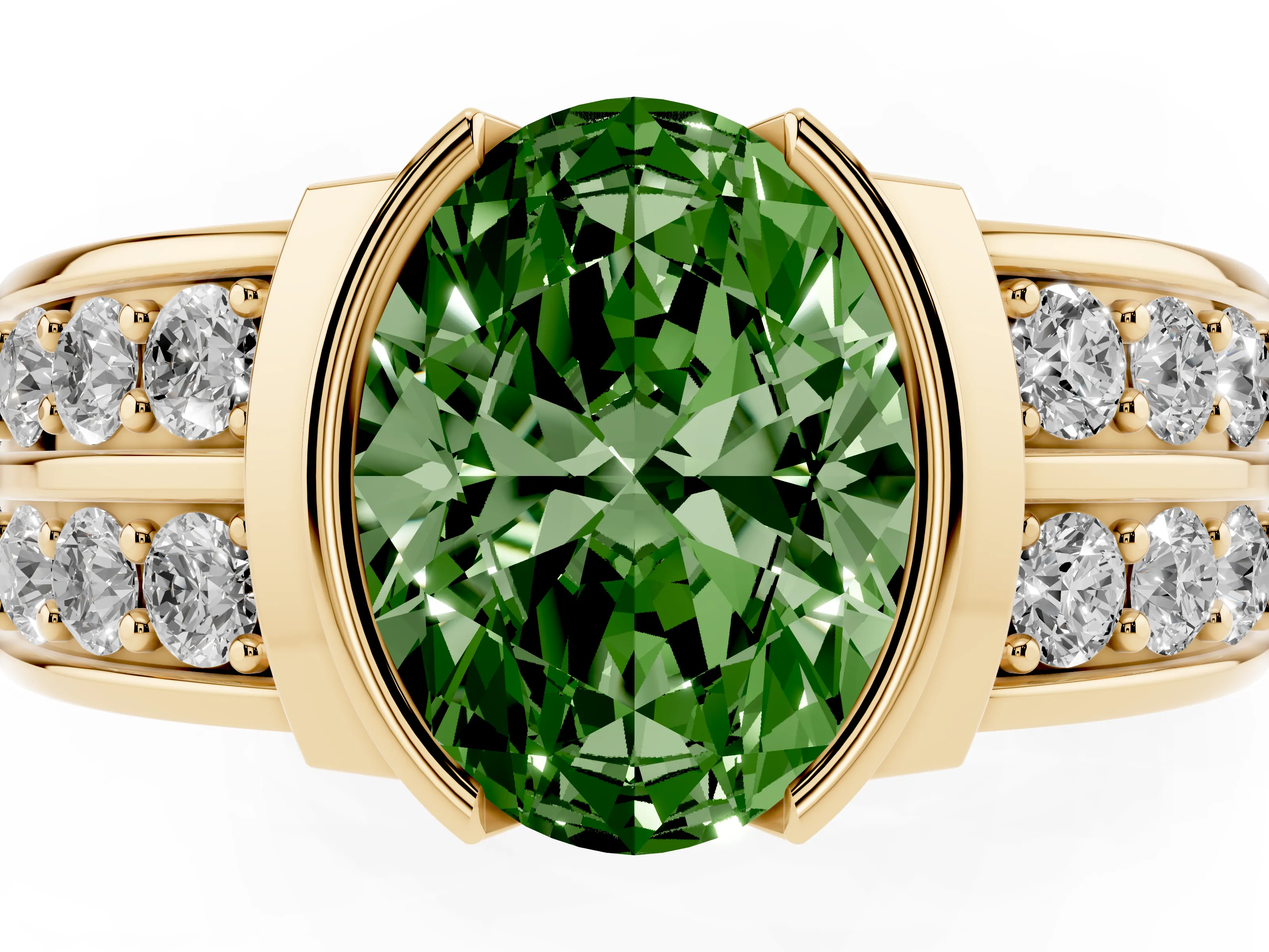 Fancy Green Oval Cut Diamond Wide Channel Set Band Ring Set in Yellow gold with Bezel Setting