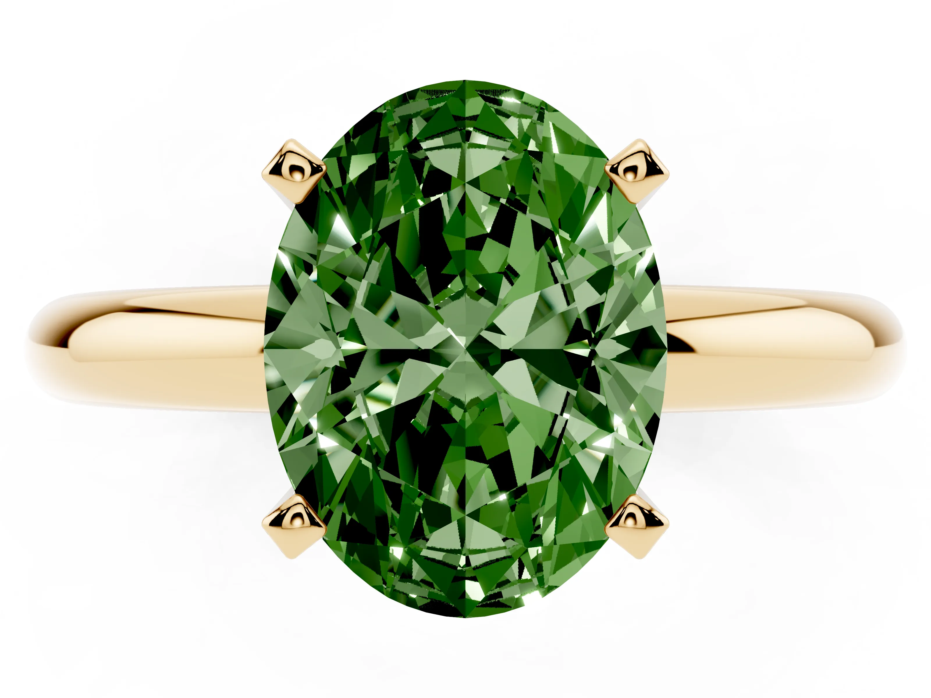 Fancy Green Oval Cut Diamond Solitaire Engagement Ring Set in Yellow gold with Round Band and Prong Setting