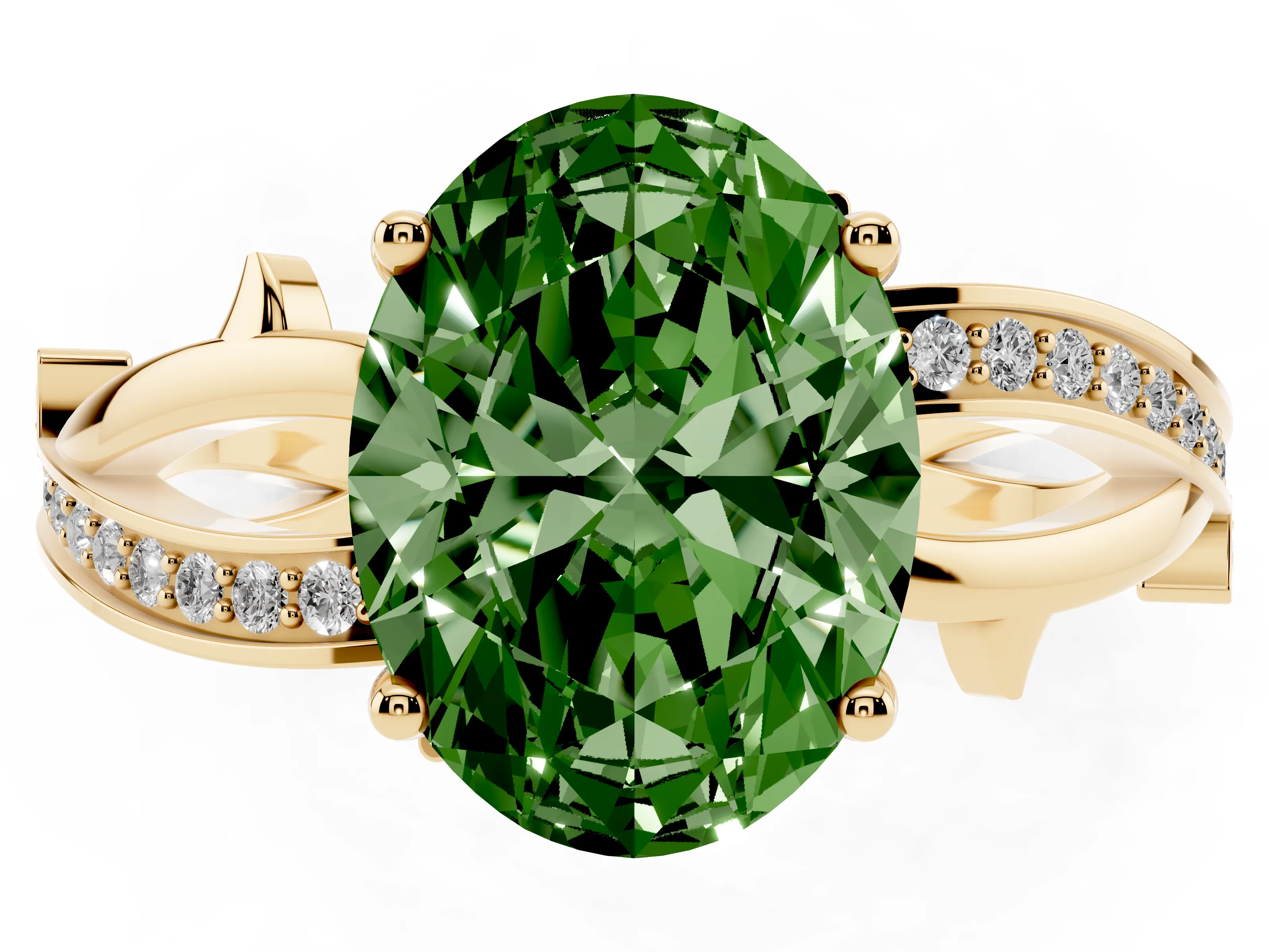 Fancy Green Oval Cut Diamond Pavé Twist Band Solitaire Ring Set in Yellow gold with Prong Setting