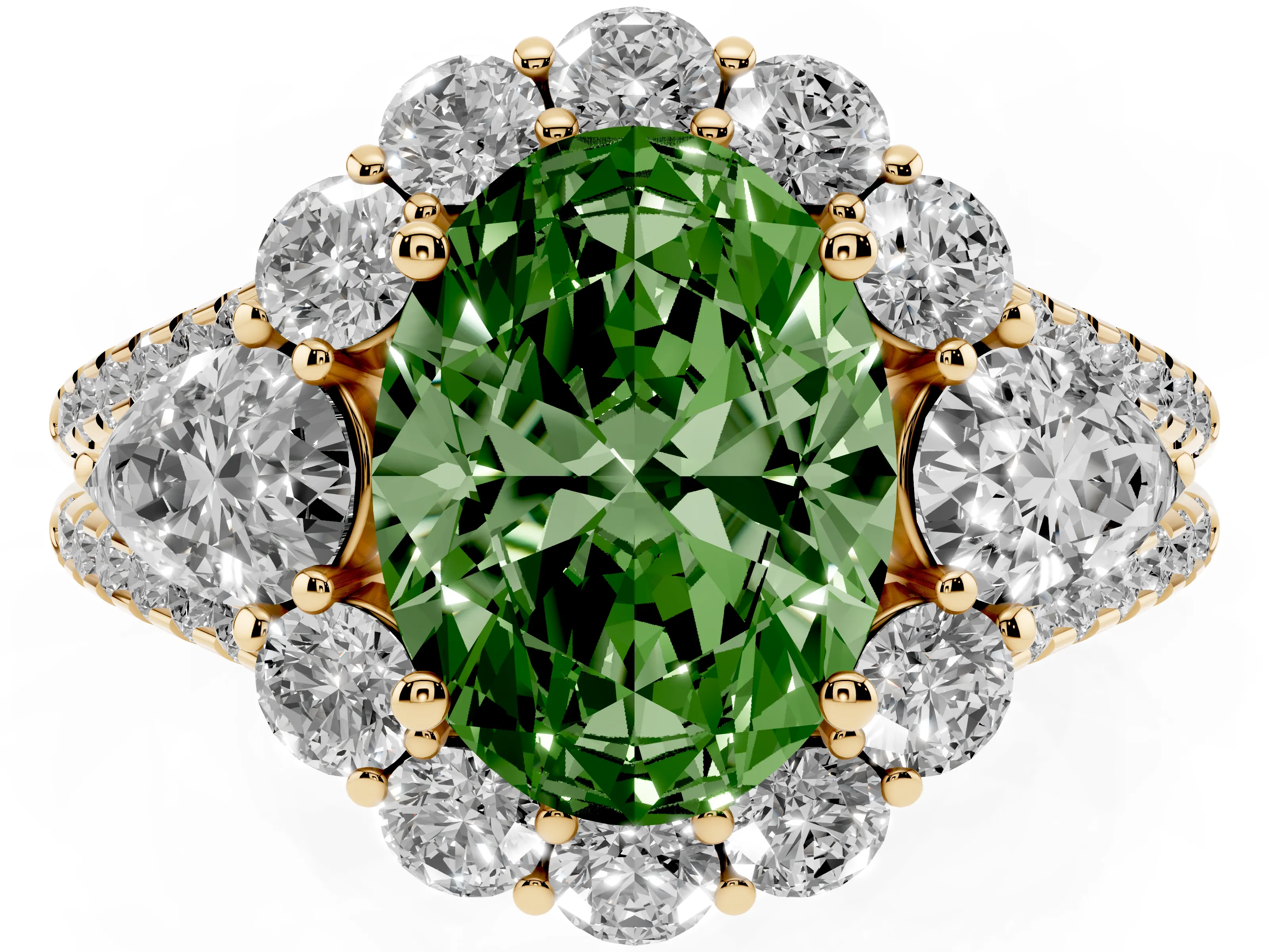 Fancy Green Oval Cut Diamond Halo Split Shank Engagement Ring Set in Yellow gold with Prong-Held Center Stone
