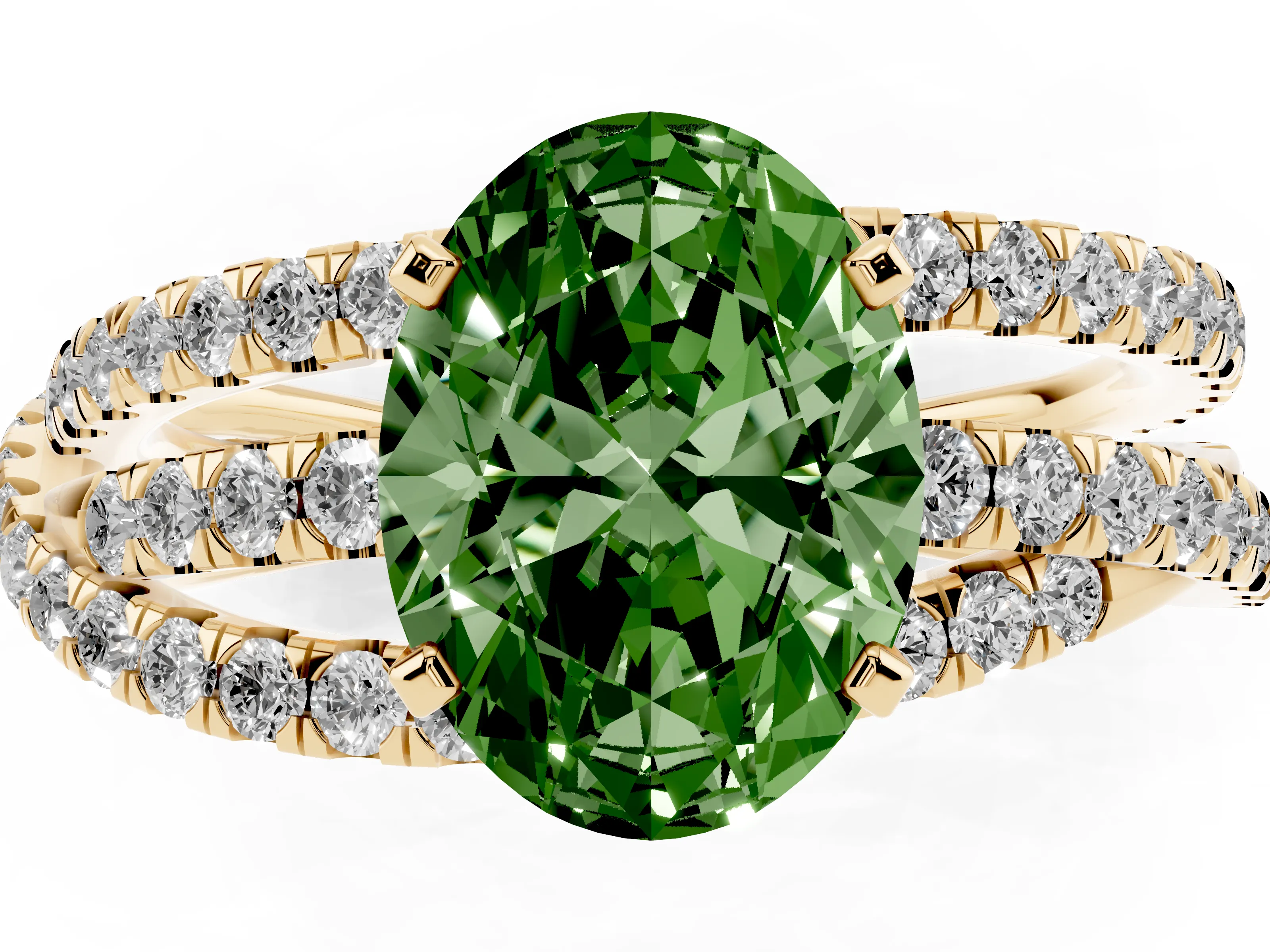 Fancy Green Oval Cut Diamond Solitaire Twist Band Ring Set in Yellow gold with Pavé Setting and Prong Head