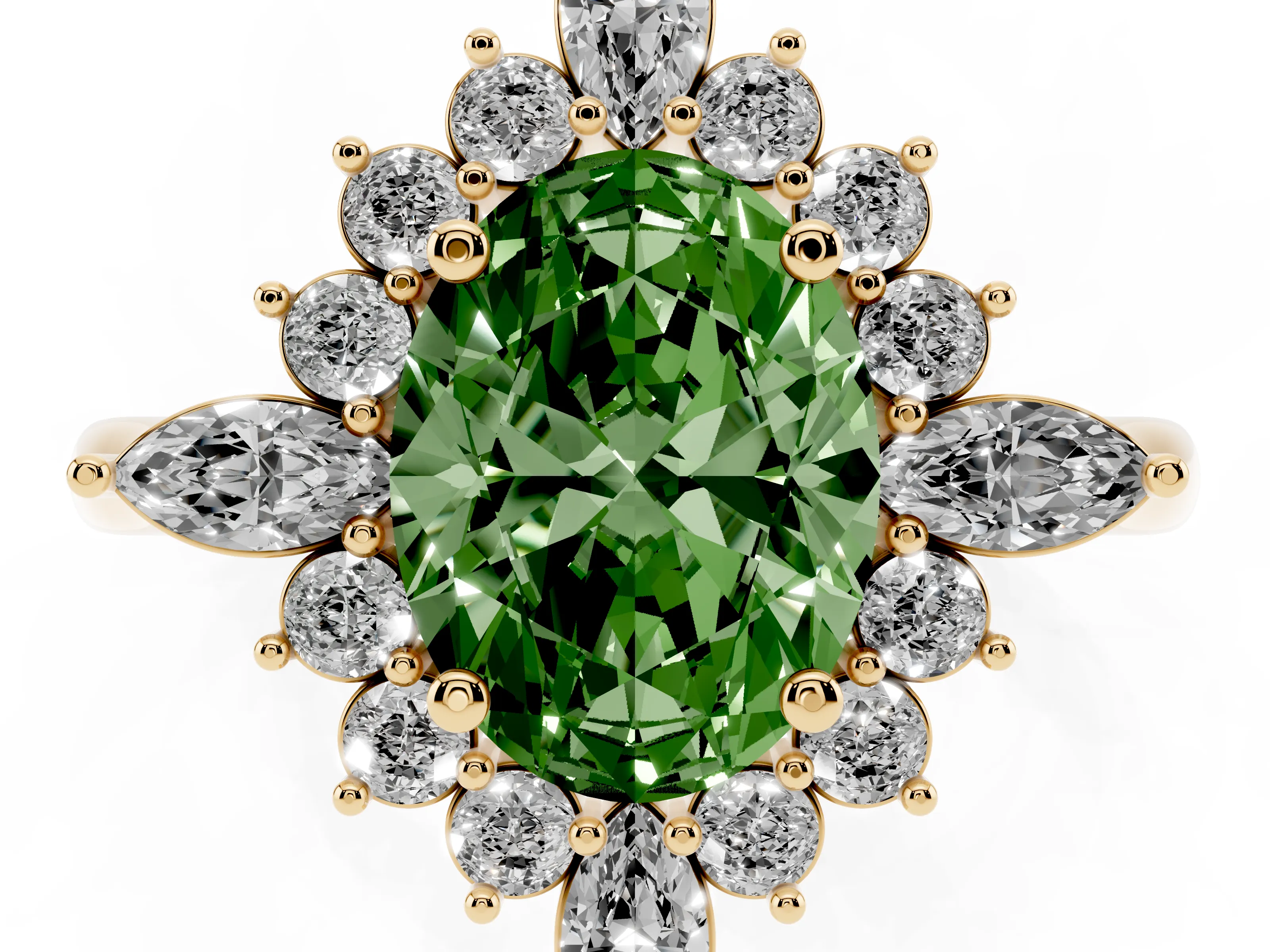Fancy Green Oval Cut Diamond Cluster Halo Ring Set in Yellow gold with Marquise and Round Accents