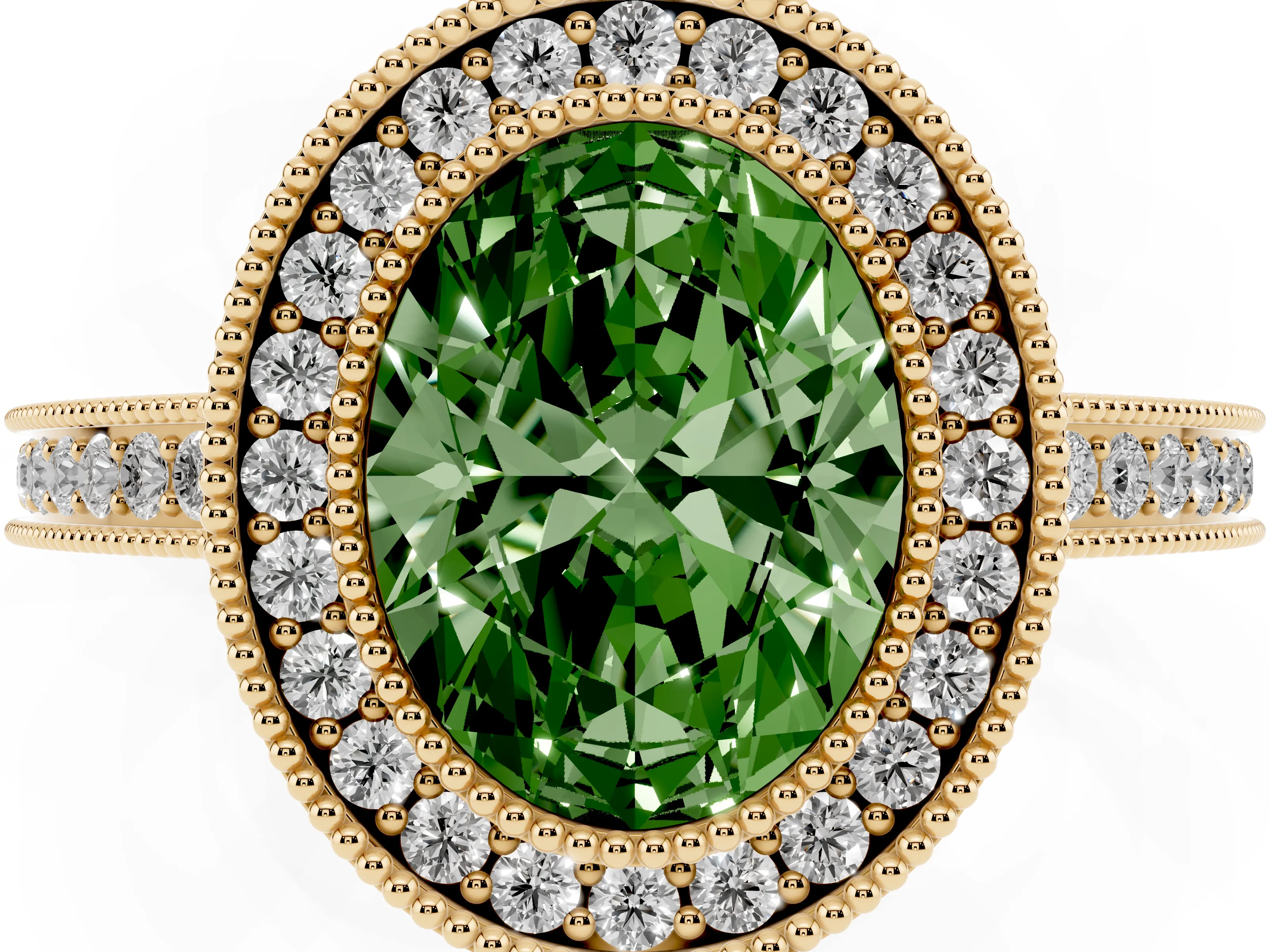 Fancy Green Oval Cut Diamond Halo Ring Set in Yellow gold with Pavé Band and Milgrain-Edged Prongs