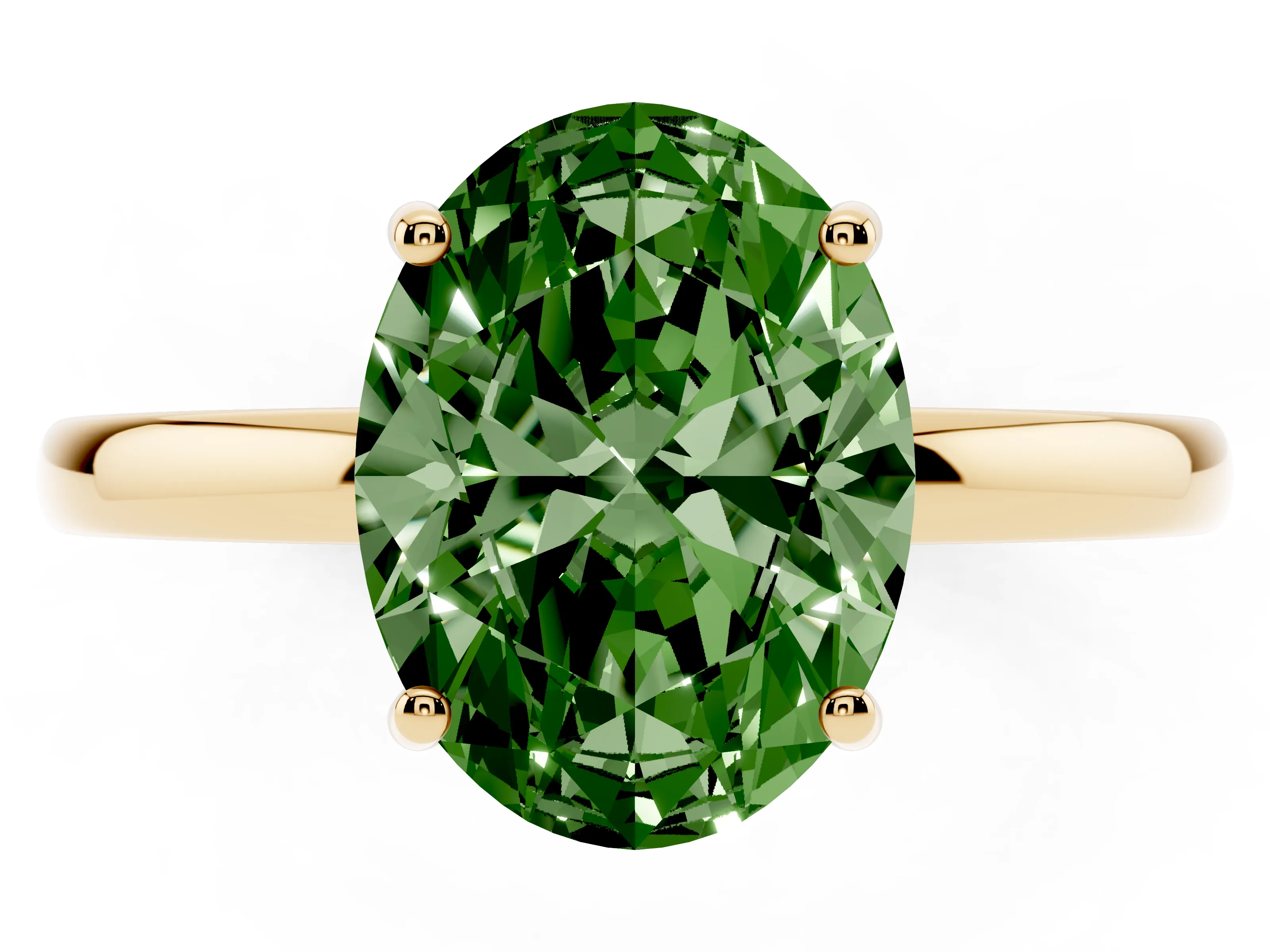 Fancy Green Oval Cut Diamond Solitaire Ring Set in Yellow gold with Plain Band and Prong Setting