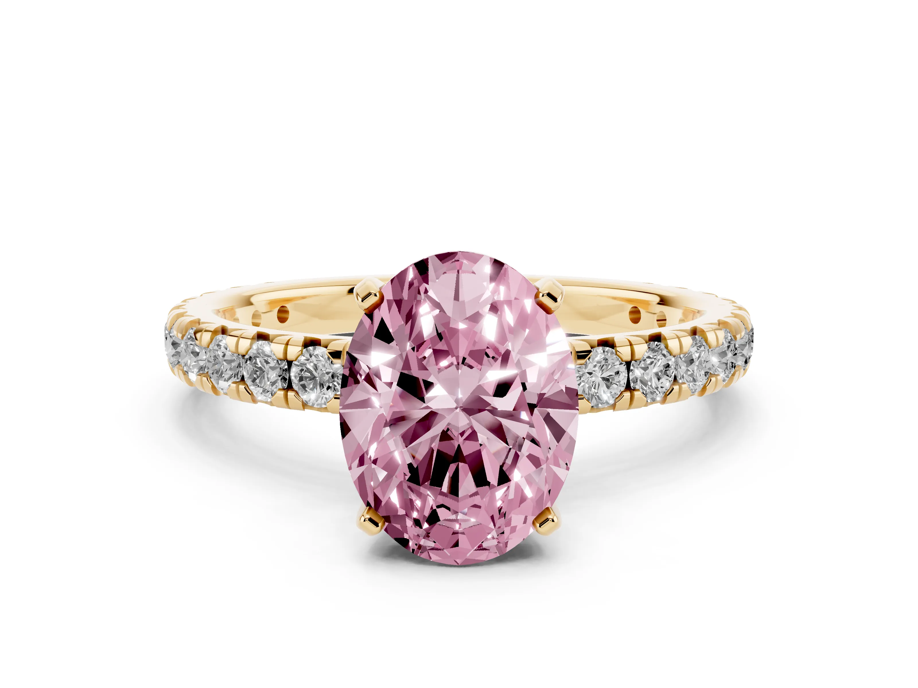 Fancy Pink Oval Cut Diamond Pavé Solitaire Ring Set in Yellow gold with Round Band and Prong Setting