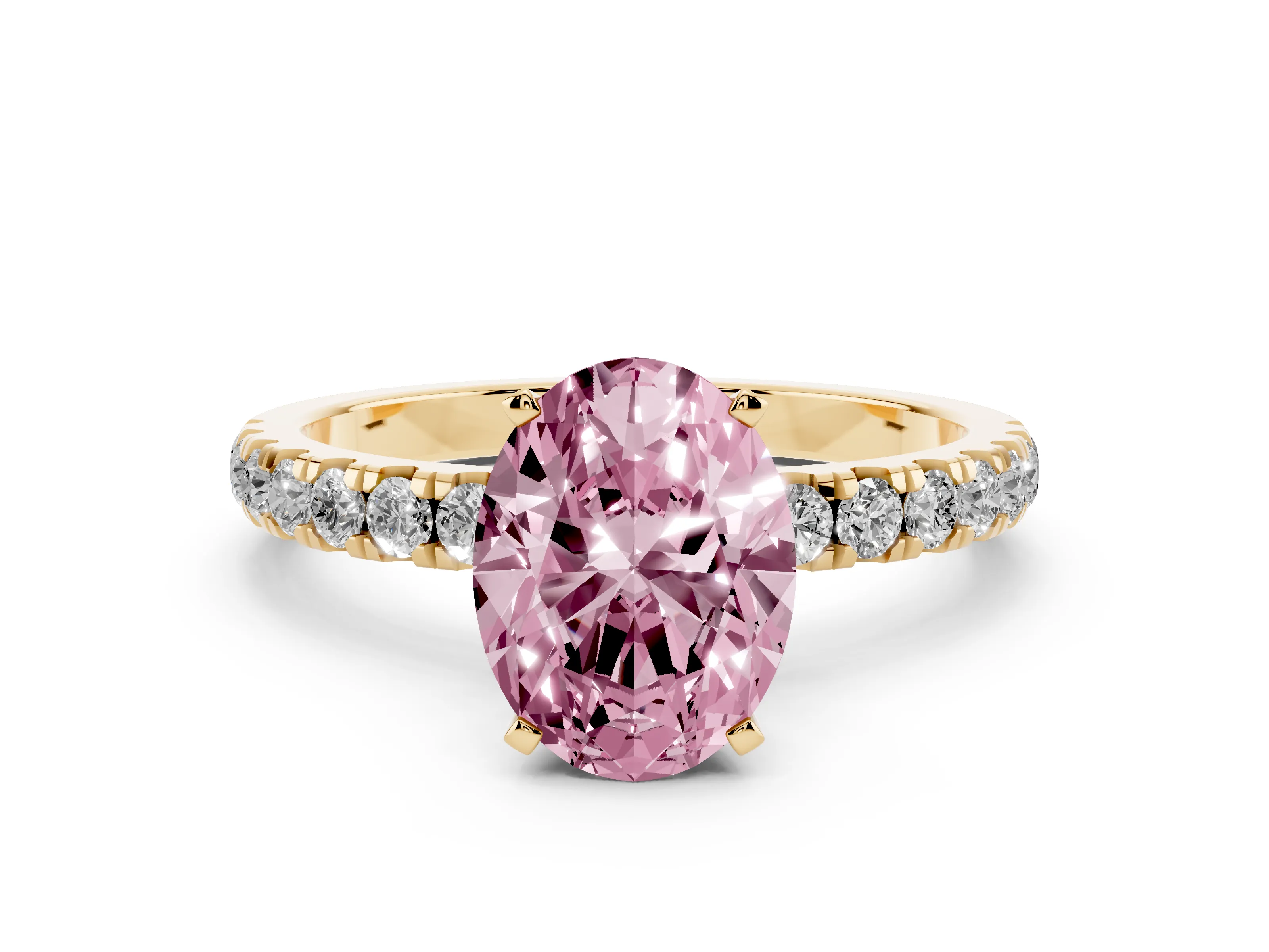 Fancy Pink Oval Cut Diamond Solitaire Ring Set in Yellow gold with Pavé Accents and Prong Setting
