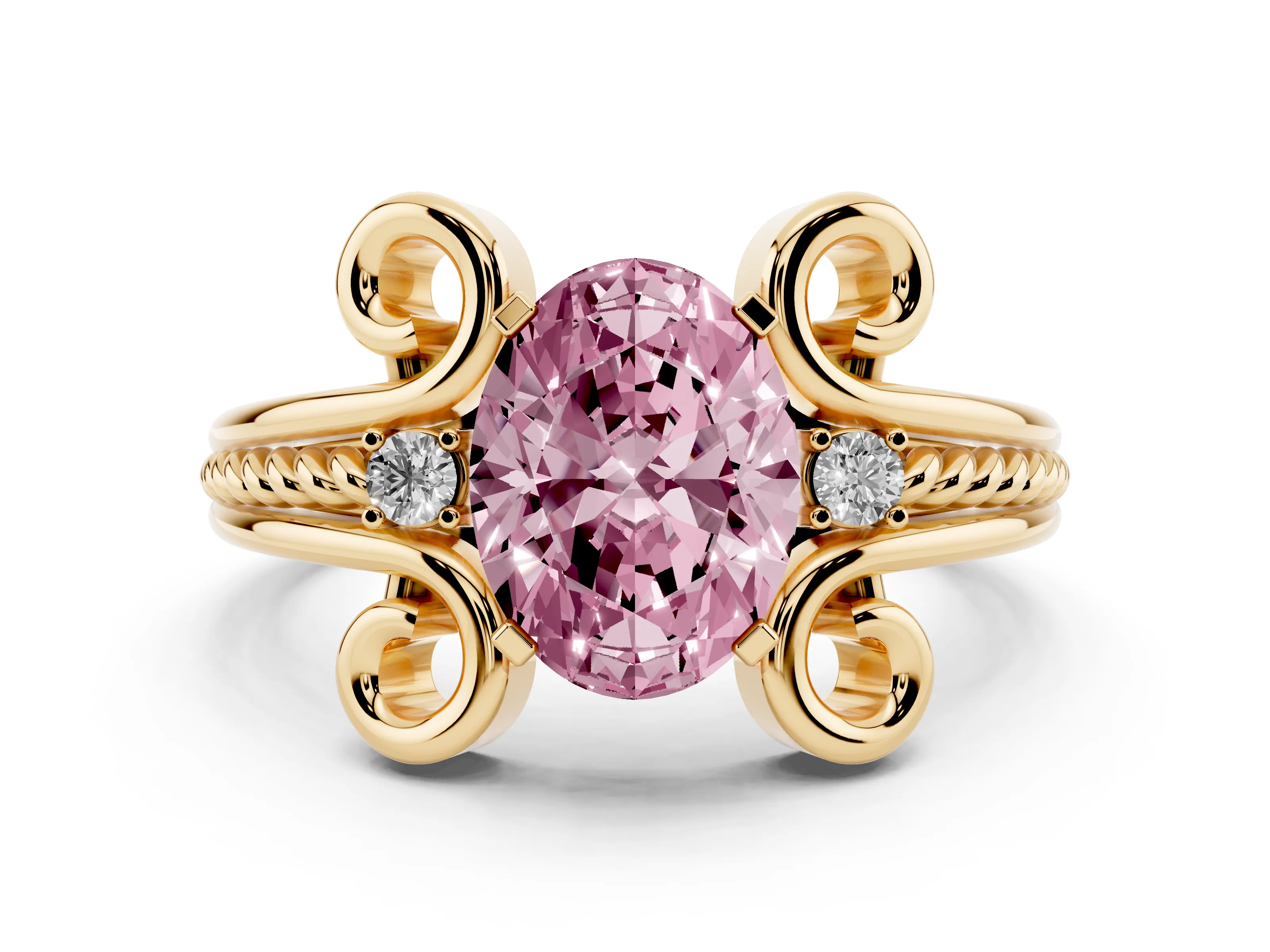 Fancy Pink Oval Cut Diamond Twisted Band Solitaire Ring Set in Yellow gold with Scroll Prongs