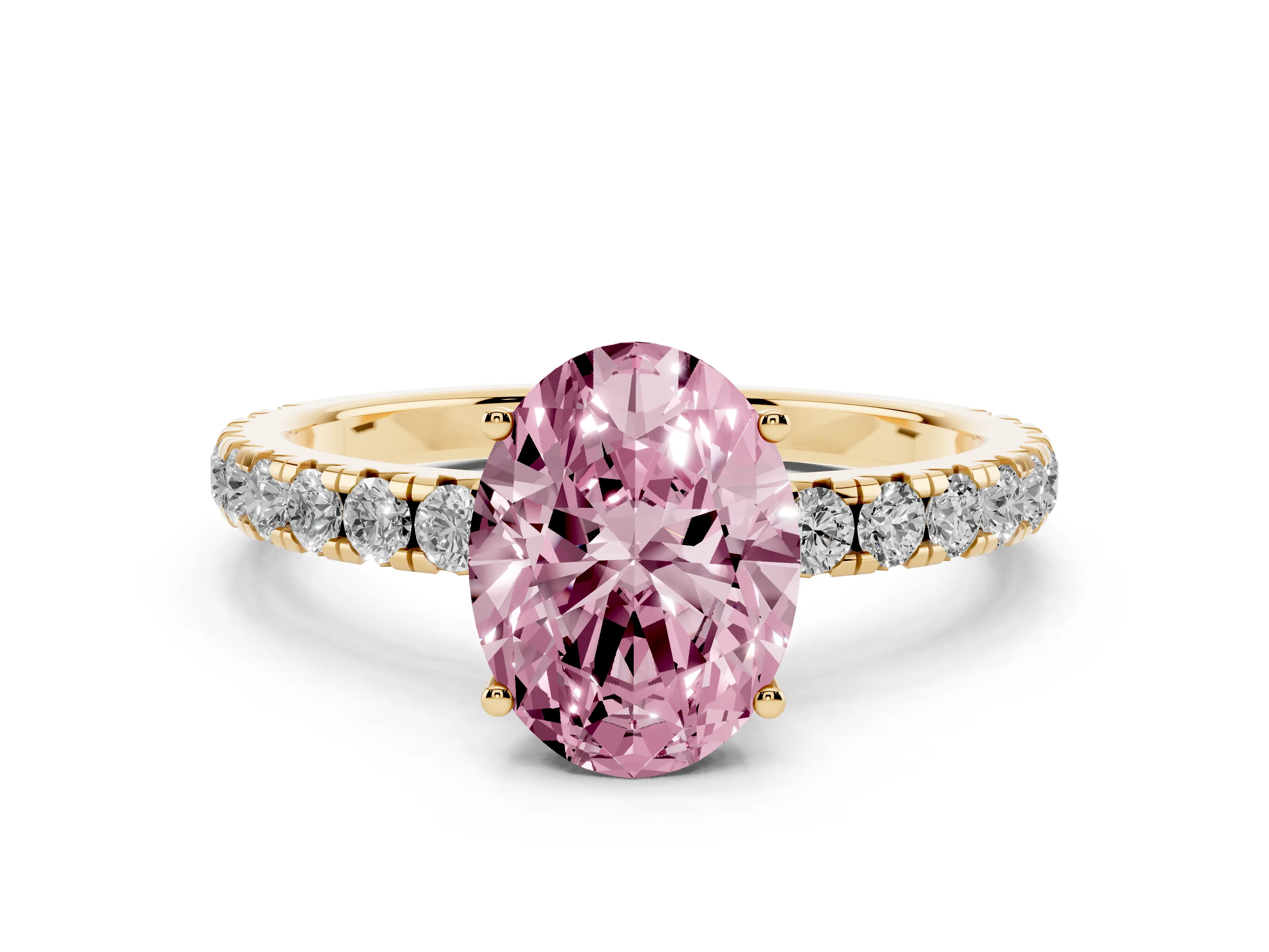 Fancy Pink Oval Cut Diamond Pavé Solitaire Engagement Ring Set in Yellow gold with Prong Setting
