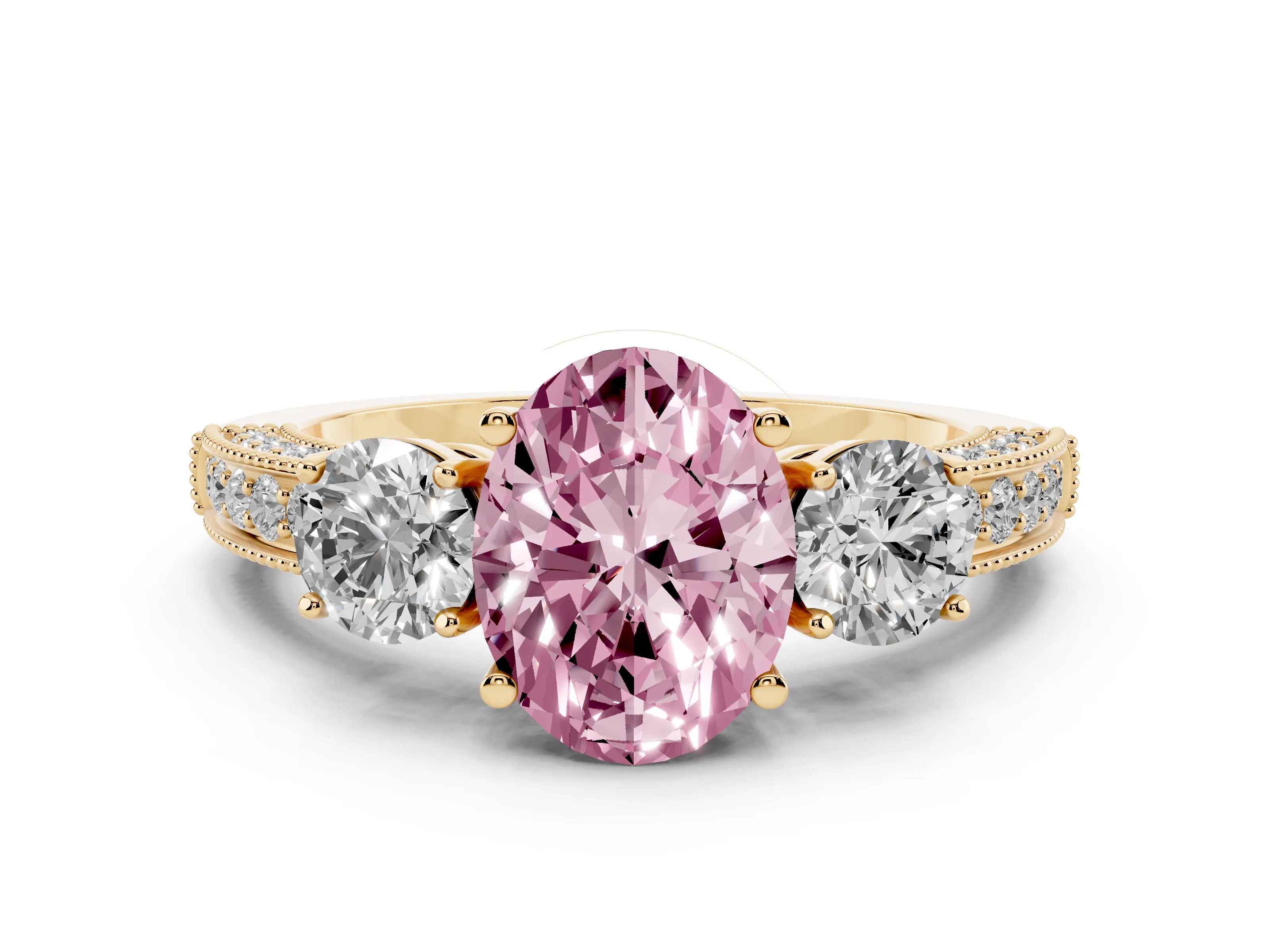 Fancy Pink Oval Cut Diamond Three-Stone Ring Set in Yellow gold with Round Side Stones and Pavé Band