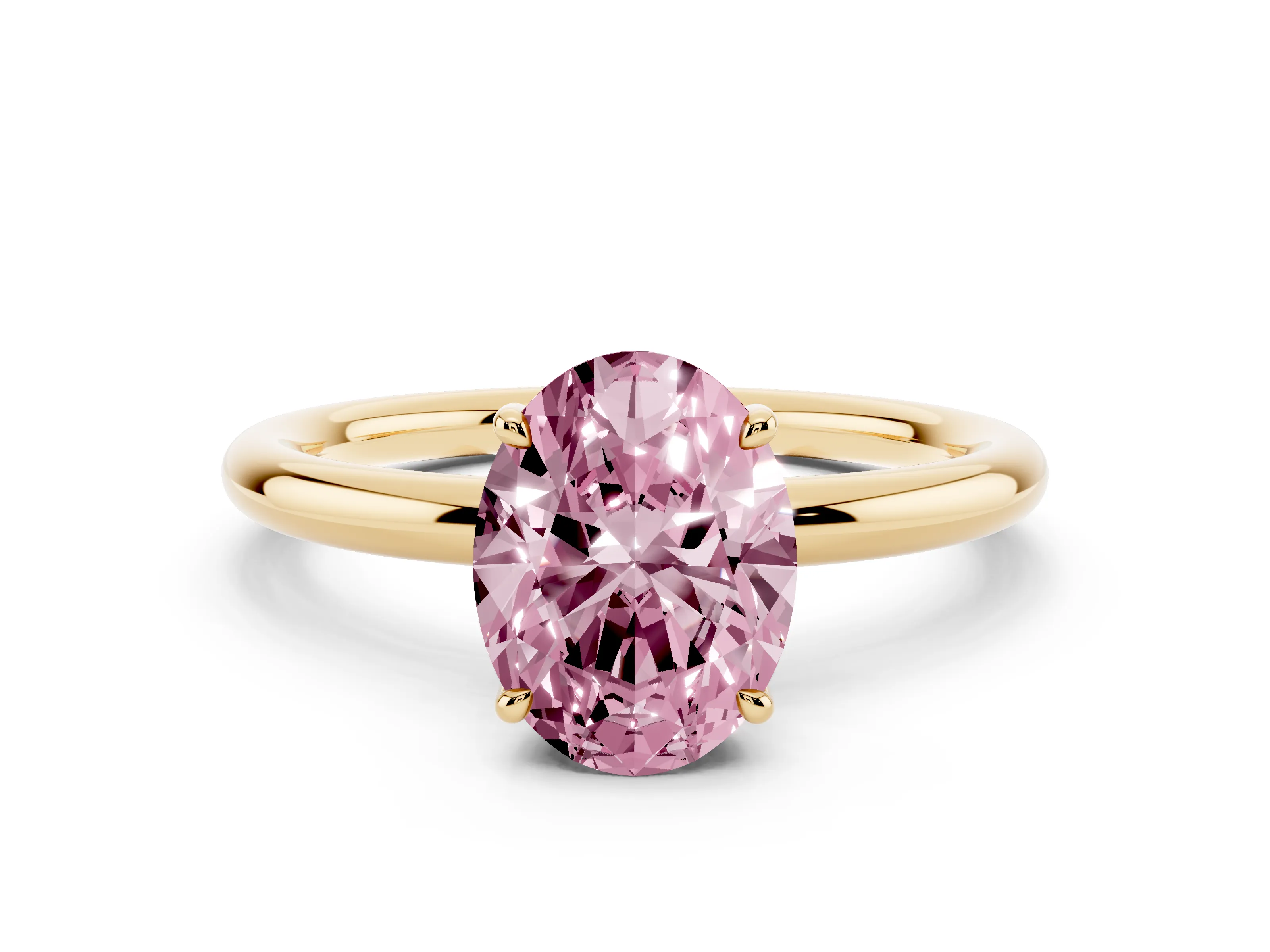 Fancy Pink Oval Cut Diamond Solitaire Ring Set in Yellow gold with Thin Band and Prong Setting