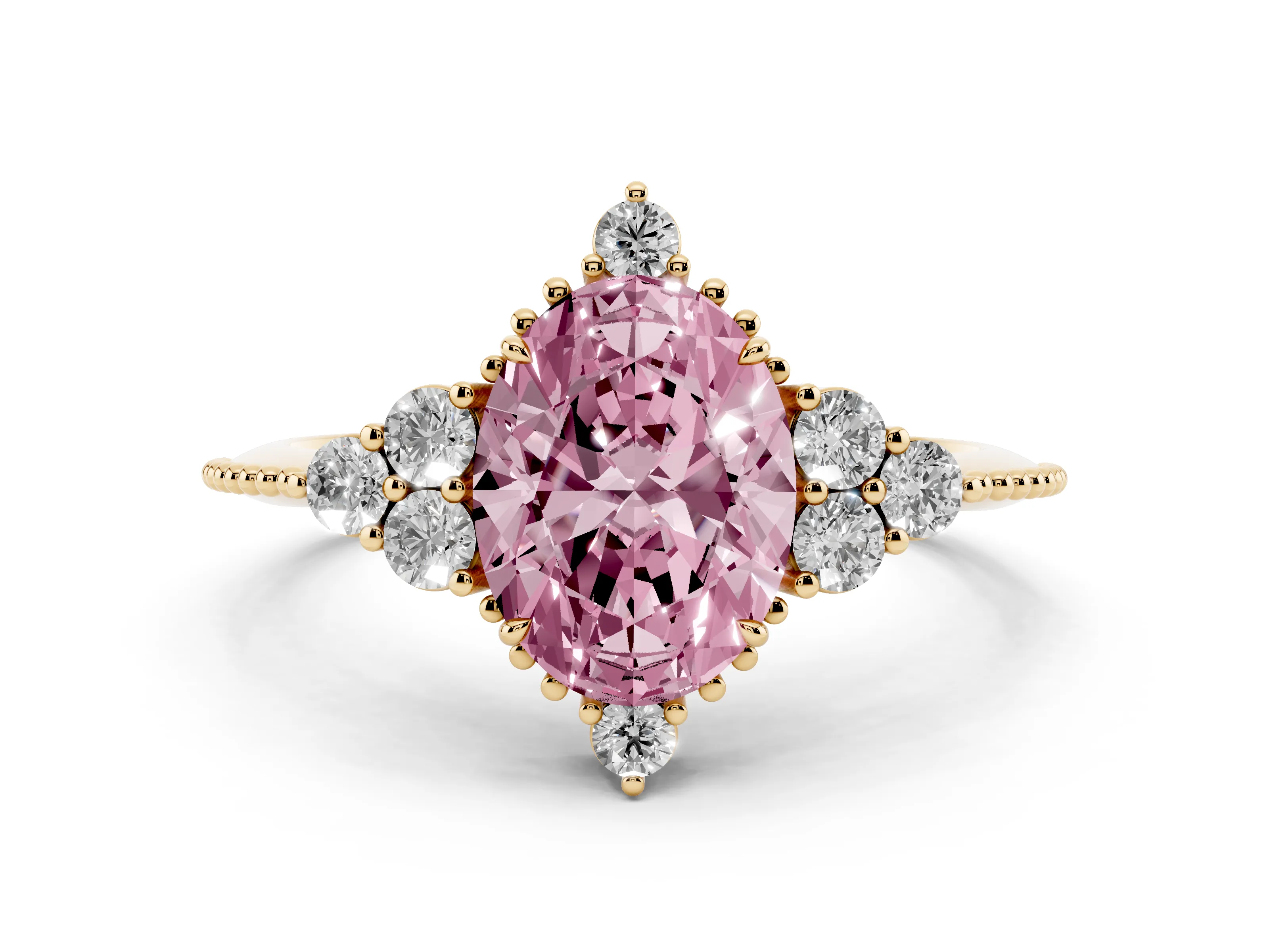 Fancy Pink Oval Cut Diamond Cluster Ring Set in Yellow gold with Beaded Band