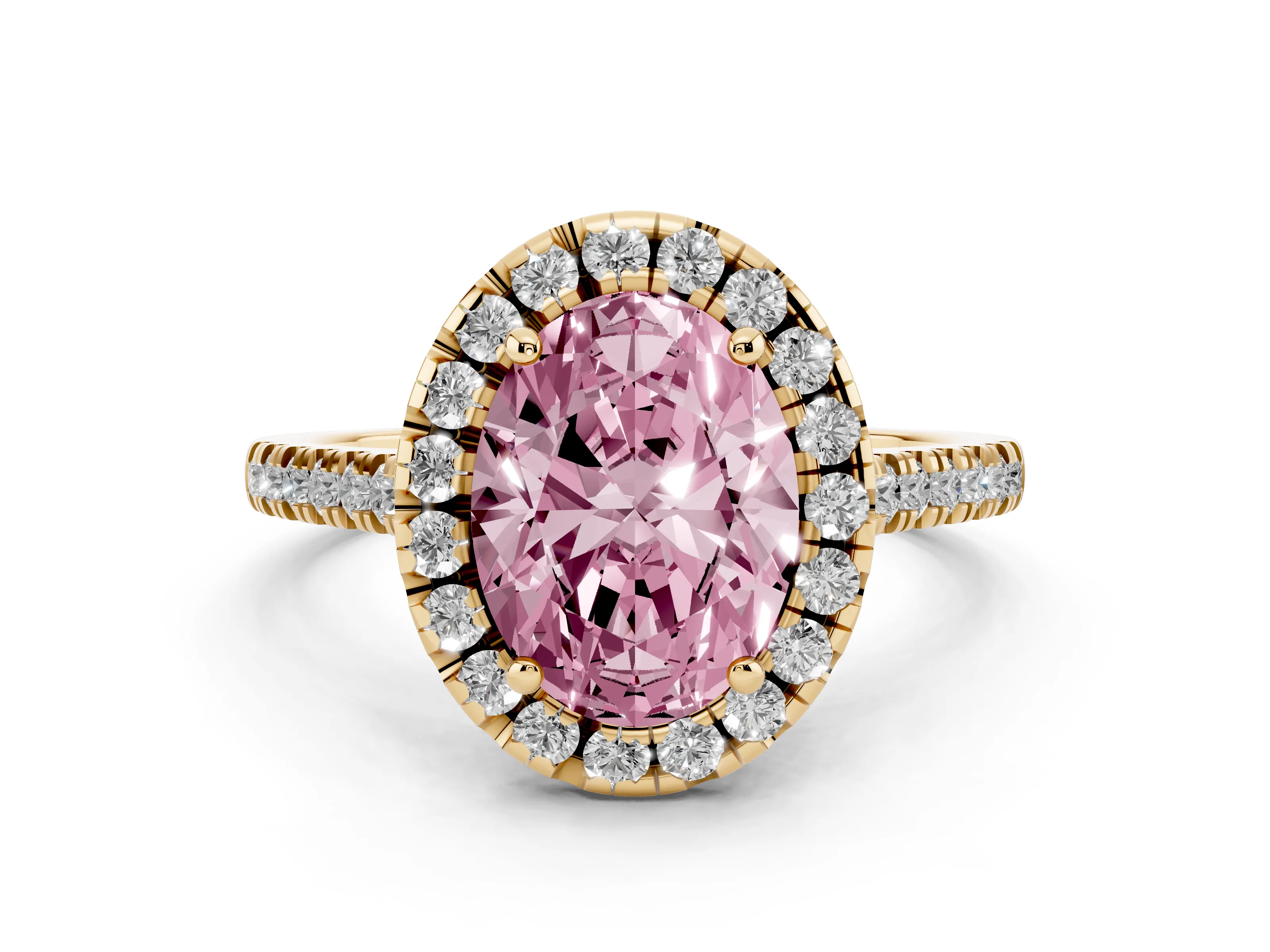 Fancy Pink Oval Cut Diamond Cushion Halo Ring Set in Yellow gold with Pavé Band
