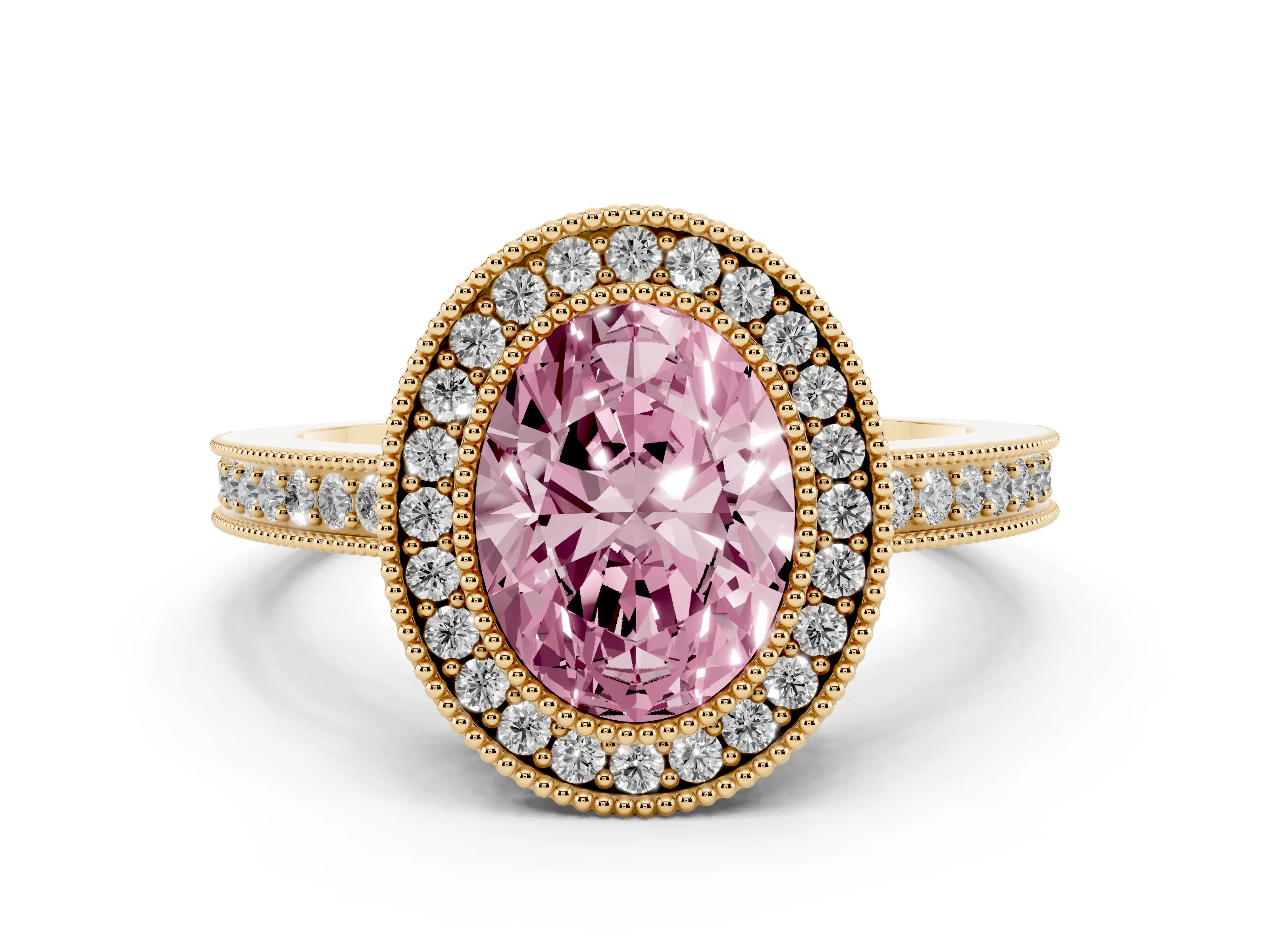 Fancy Pink Oval Cut Diamond Round Halo Ring Set in Yellow gold with Pavé Band