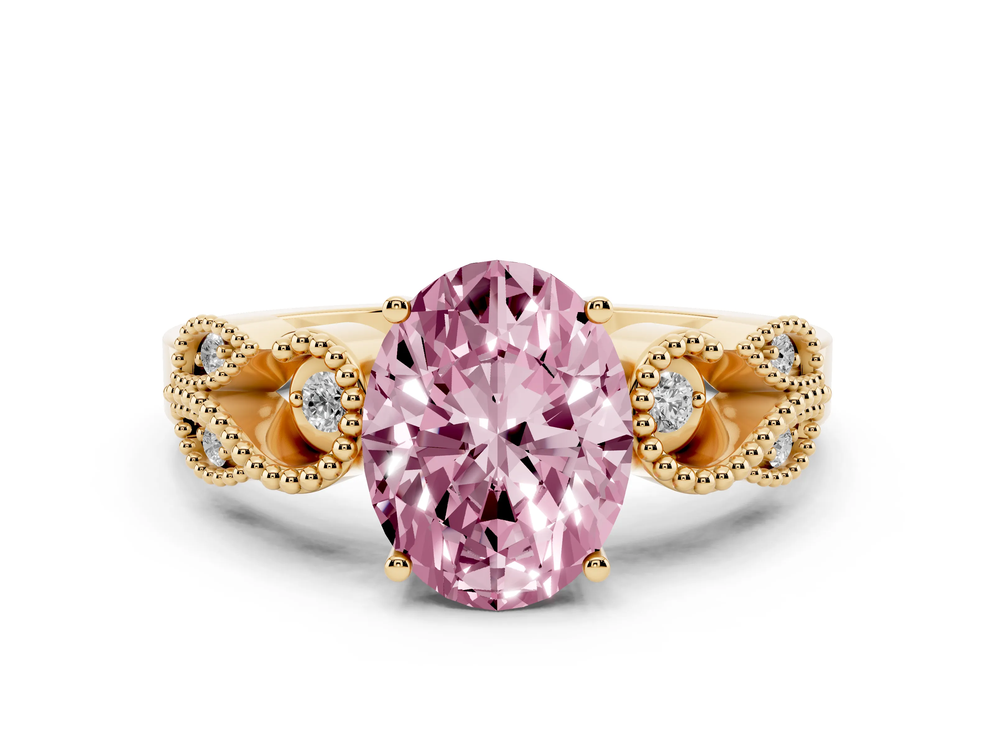 Fancy Pink Oval Cut Diamond Milgrain Leaf Band Solitaire Ring Set in Yellow gold with Accent Stones and Prong Setting
