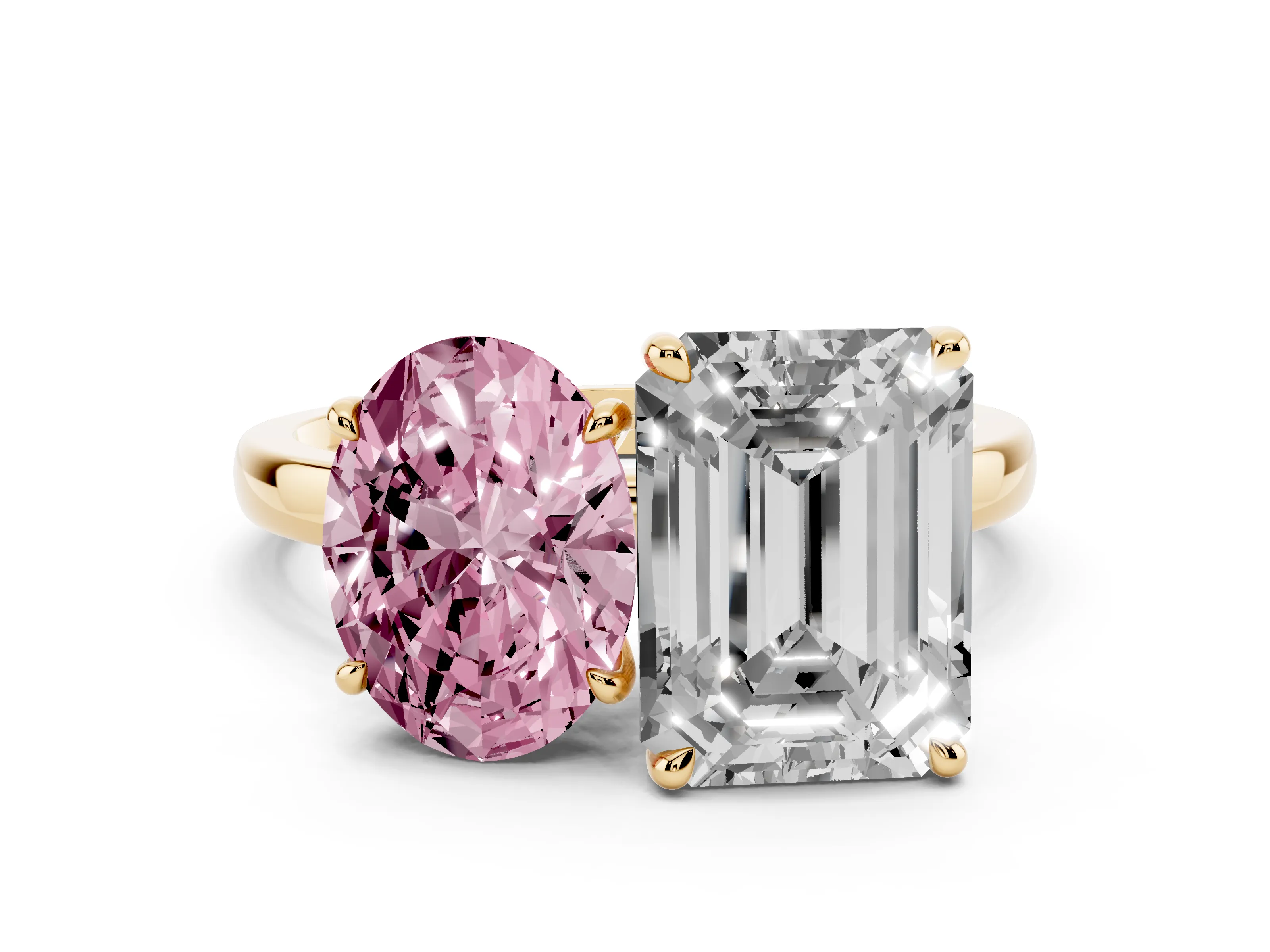 Fancy Pink Oval Cut and Emerald Cut Toi Moi Ring Set in Yellow gold with Prong Setting