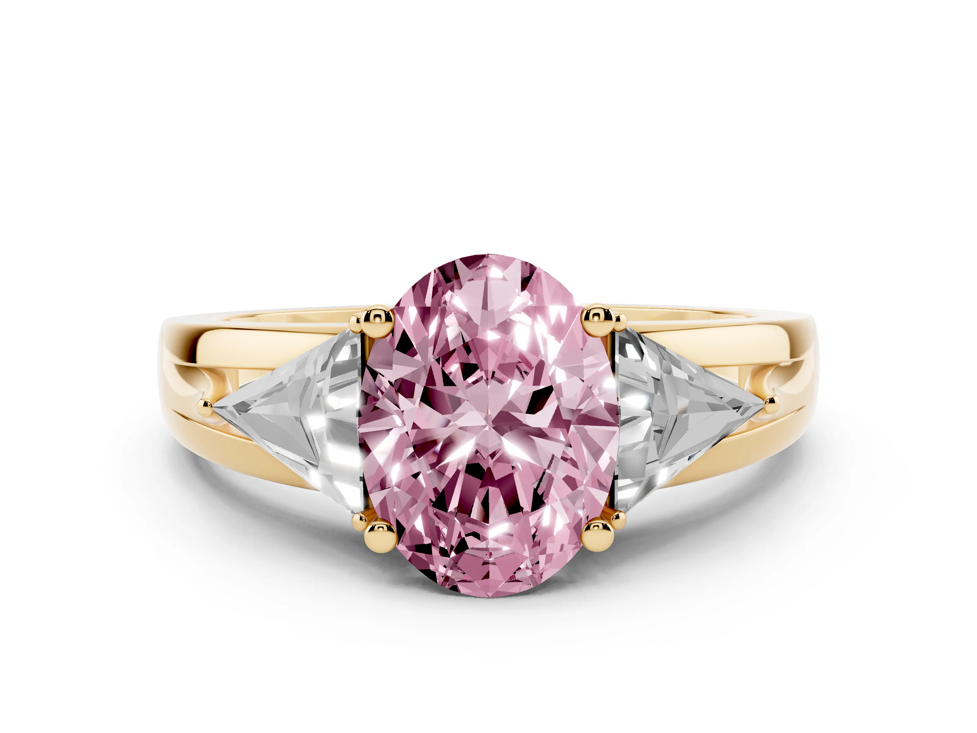 Fancy Pink Oval Cut Diamond Three-Stone Ring Set in Yellow gold with Trillion Side Stones and Split Shank