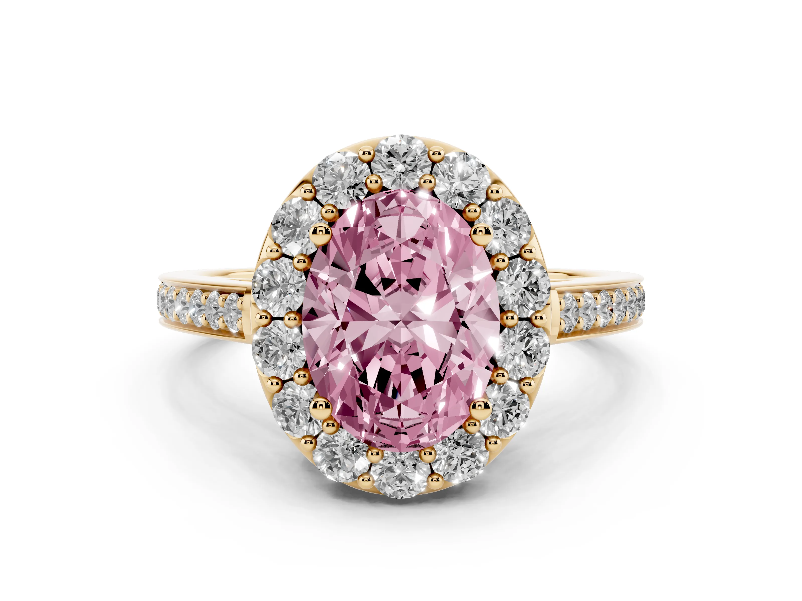 Fancy Pink Oval Cut Diamond Floral Halo Ring Set in Yellow gold with Pavé Band and Prong Setting