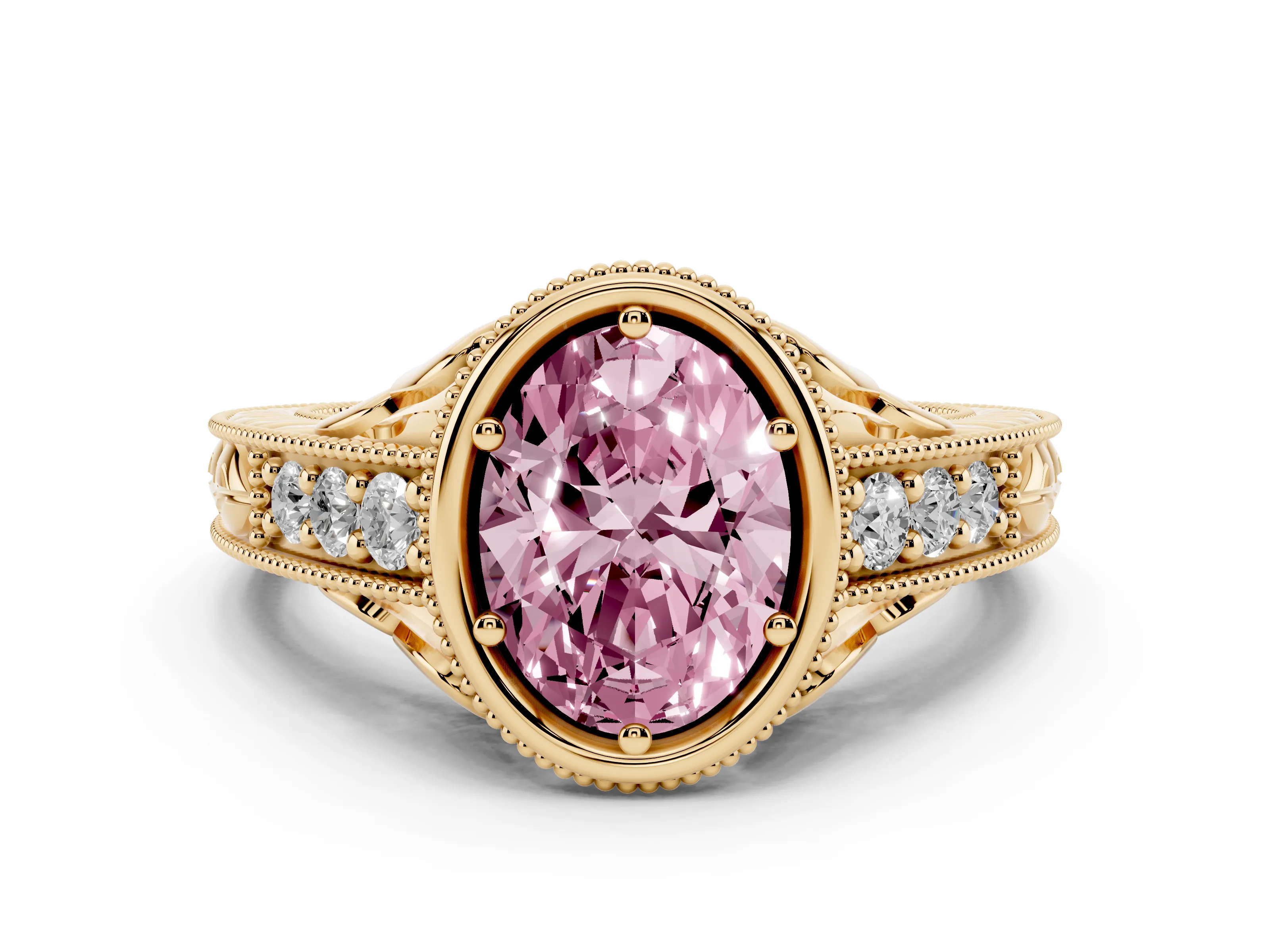 Fancy Pink Bezel Set Oval Cut Diamond Milgrain Pavé Engagement Ring Set in Yellow gold